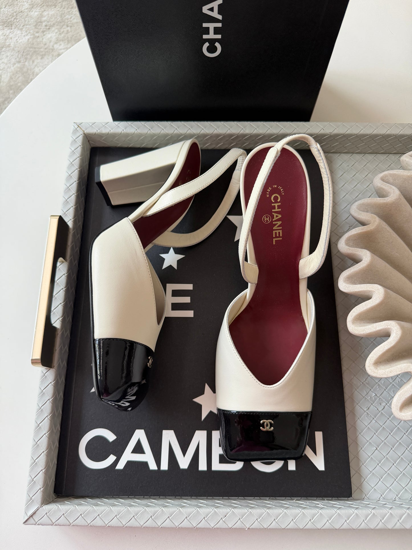 Chanel 26S Blazy Ivory Ecru Black Square Cap Toe Sling CC Slingback Chunky Heel Pumps