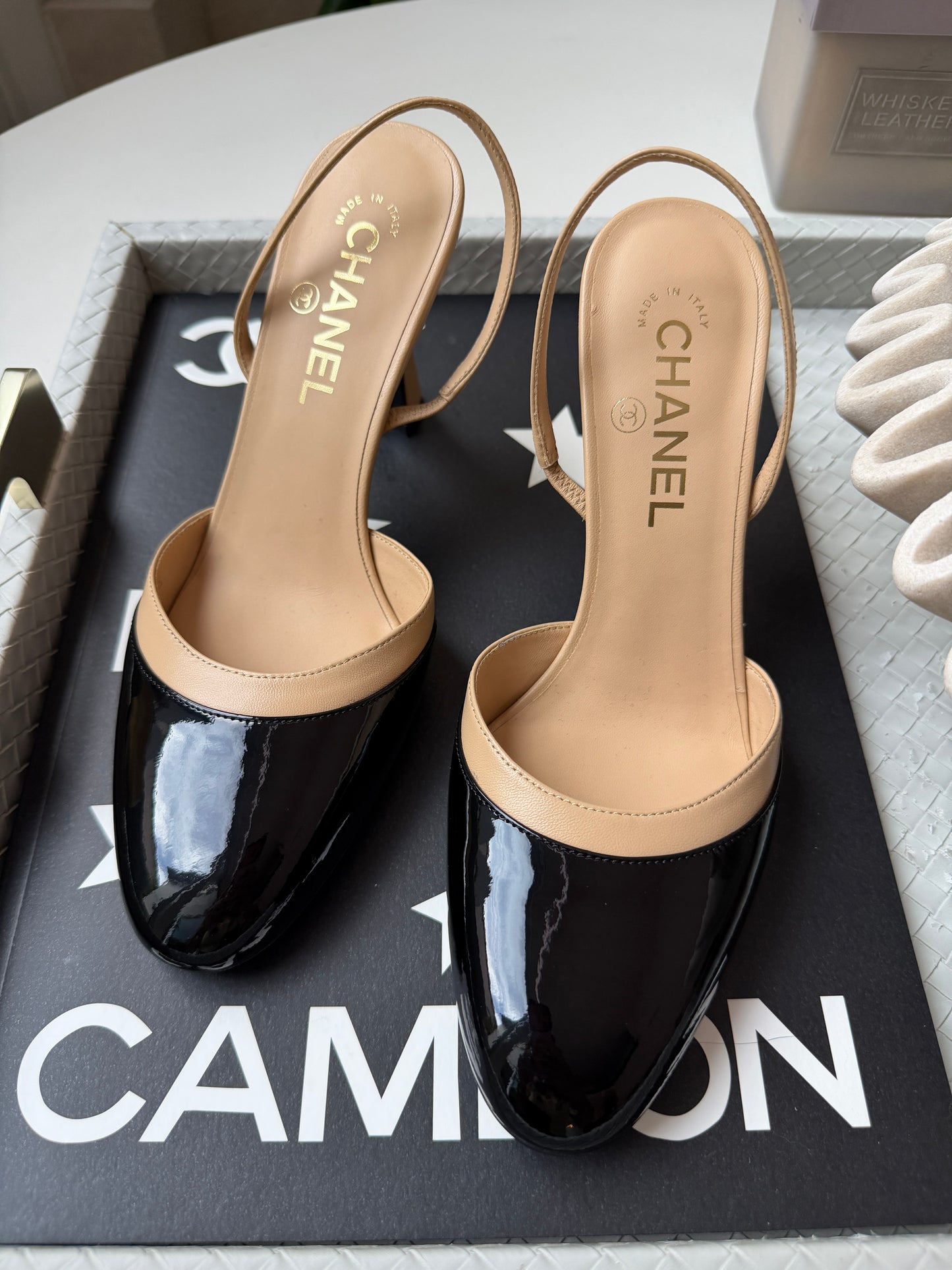 Chanel SS26 Beige Black Lambskin Patent Calfskin Leather Classic Slingbacks Pumps Heels