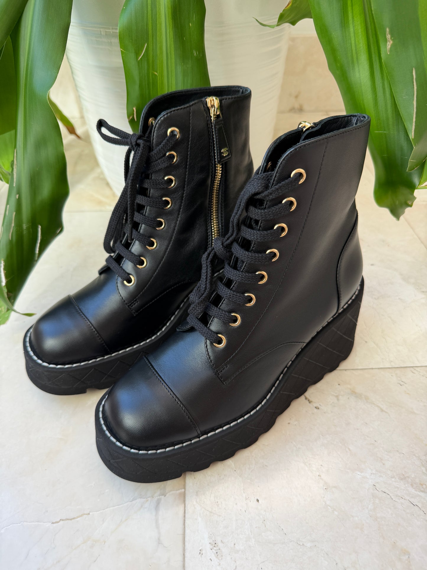 Chanel 2024 Platform Interlocking CC Logo Combat Wedge Lambskin Lace Up Ankle Boots