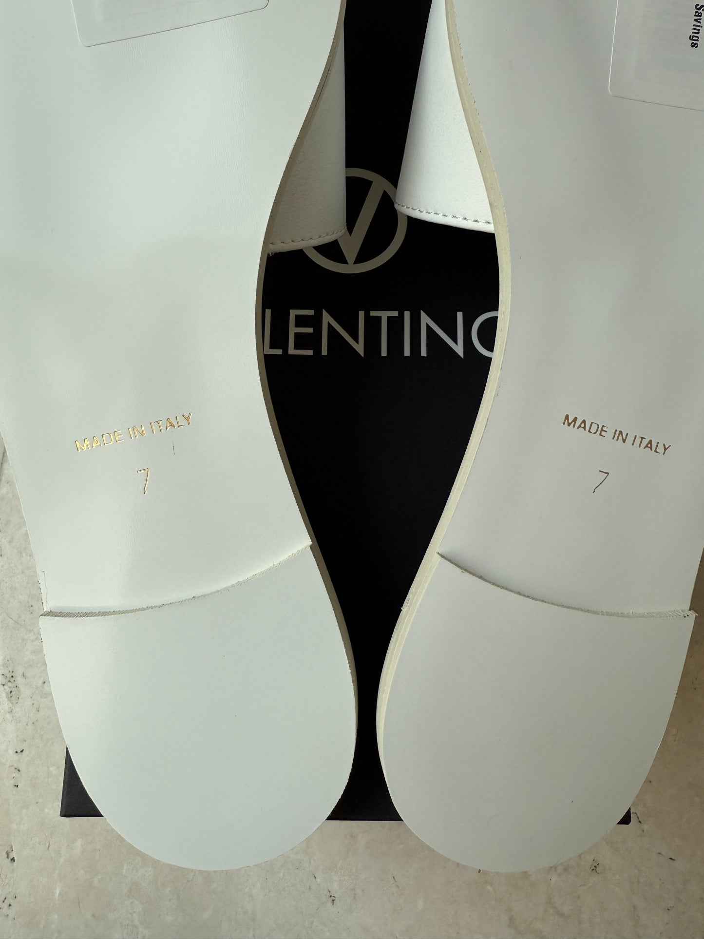 VALENTINO BY MARIO VALENTINO BUGOLA LEATHER LOGO SLIDE SANDAL WHITE SLIDES
