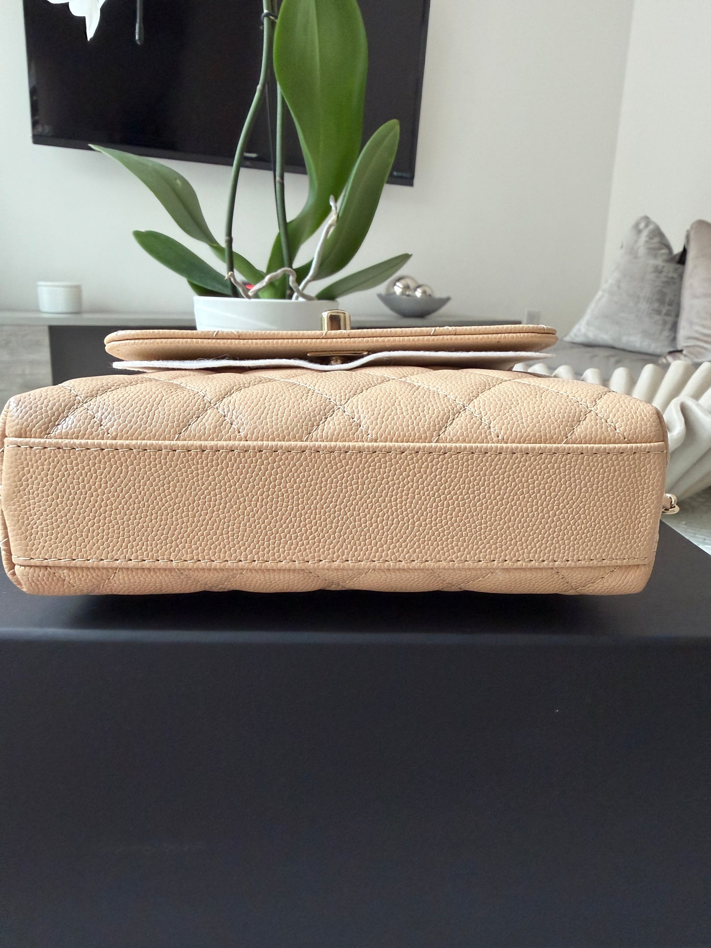 Chanel 24K AP4244 Micro Coco Handle Extra Mini Classic Flap Bag Beige Caviar Clutch with Chain Gold HW