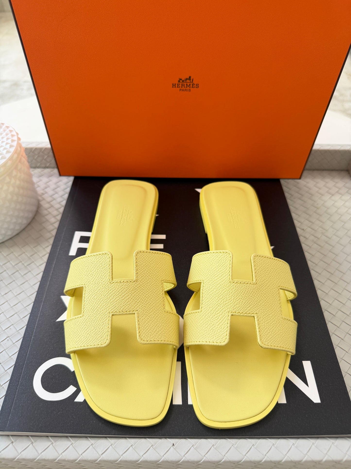 HERMES Oran Bright Yellow Jaune D'orge Epsom Leather Logo Sandals Flats Mules