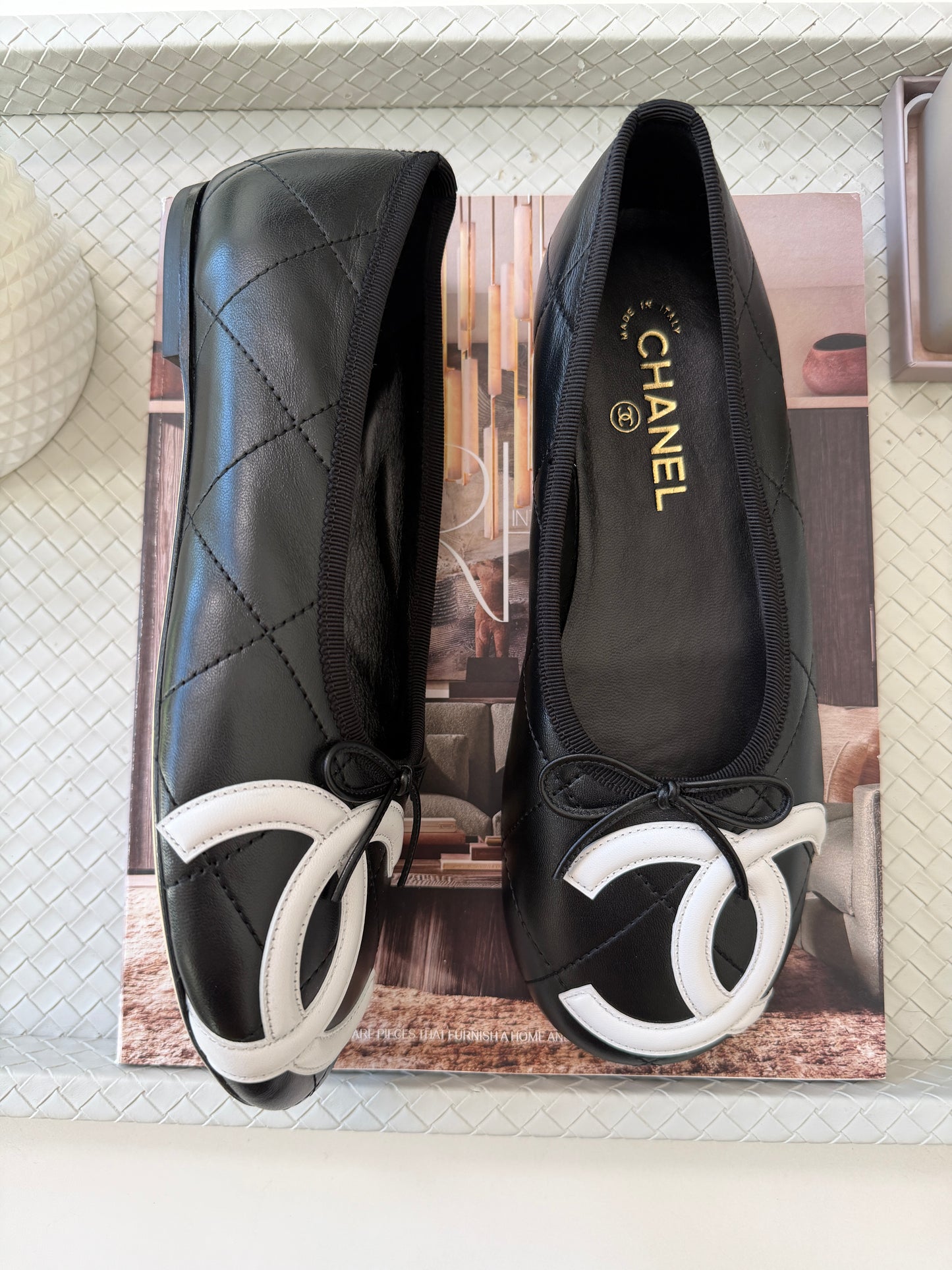 Chanel Cambon 2026 Coco Beach CC Logo Black Leather White Ballet Ballerina Flats