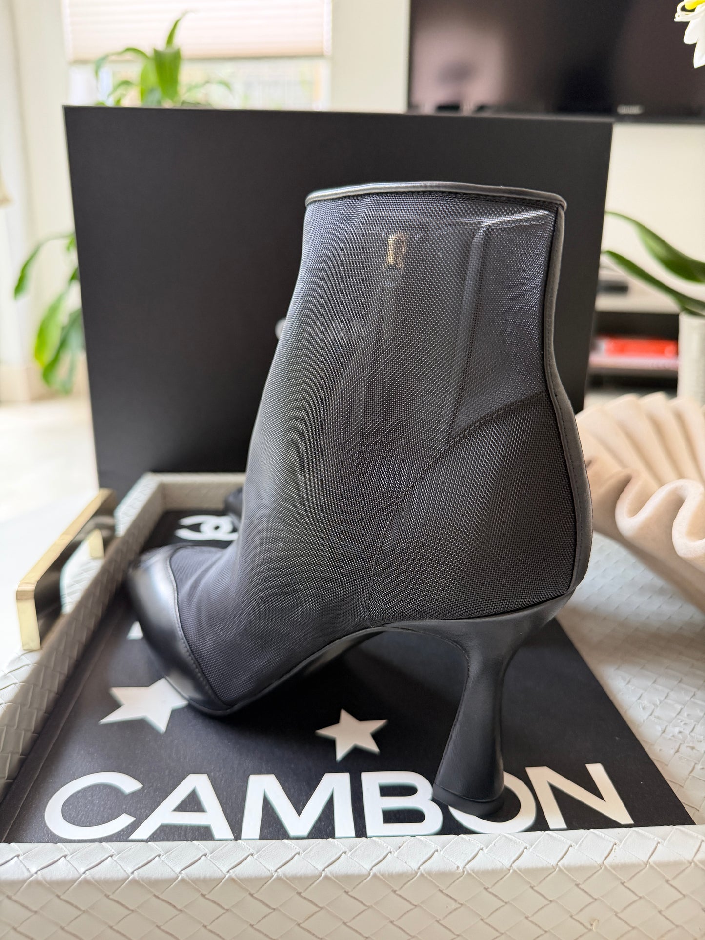 Chanel 26B Black Mesh Lambskin Leather CC Logo Cap Toe Booties Ankle Boots
