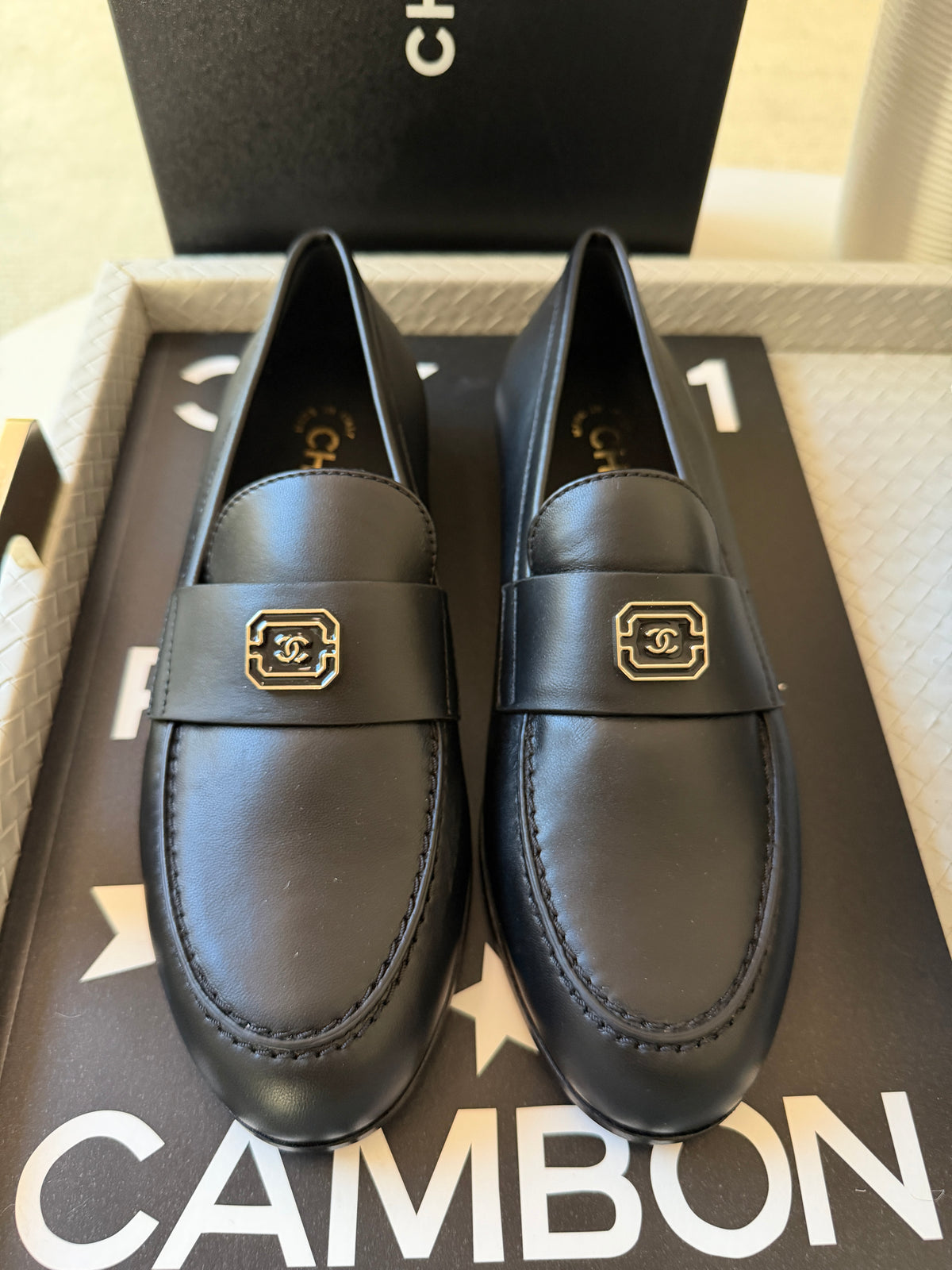 Chanel 2024 Classic Lambskin Leather Black Enamel CC Logo Moccasins Loafers Flats Shoes