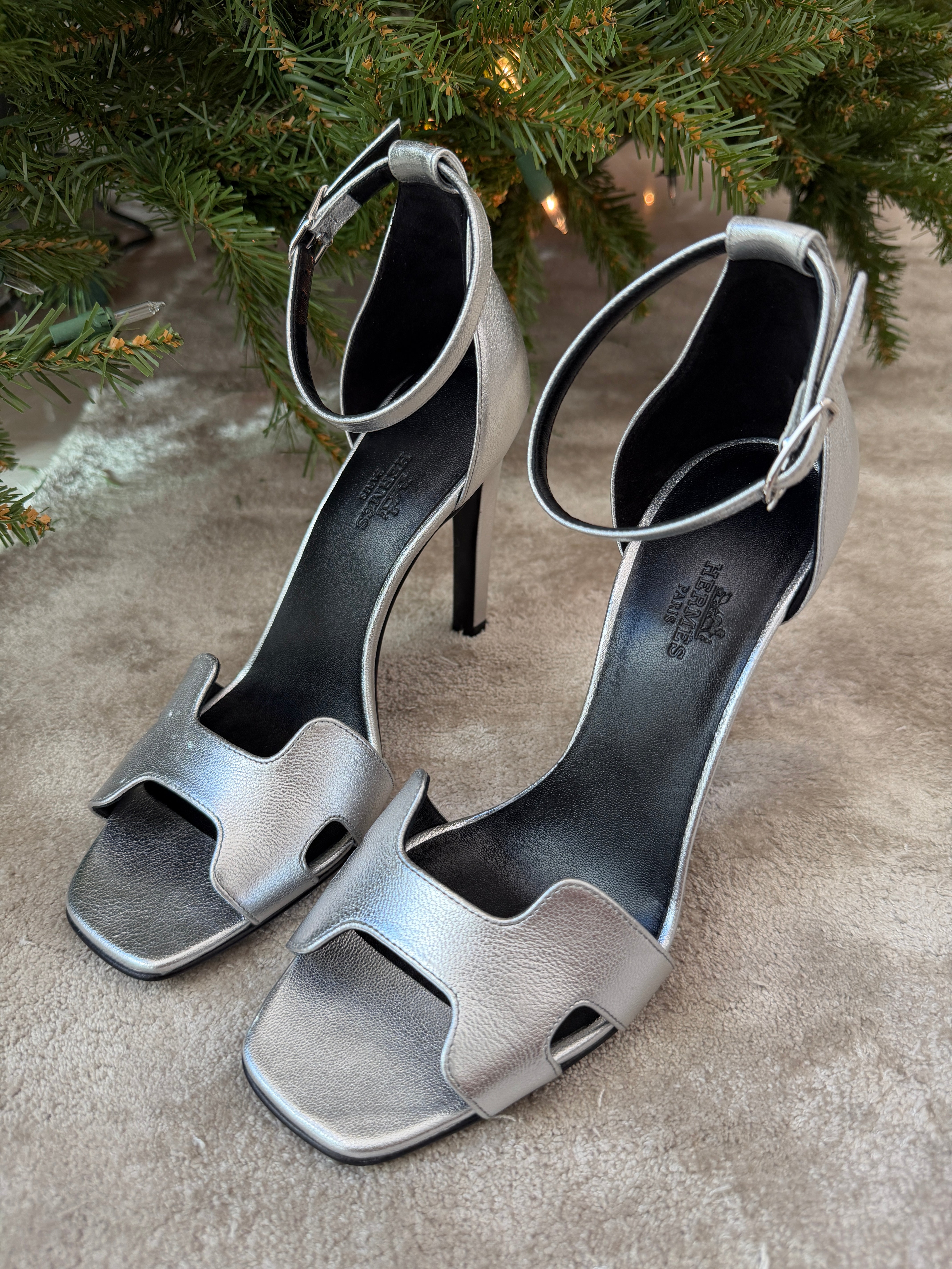 Hermes Joy 105 Gris Argente Metallic Silver Goatskin Leather Ankle