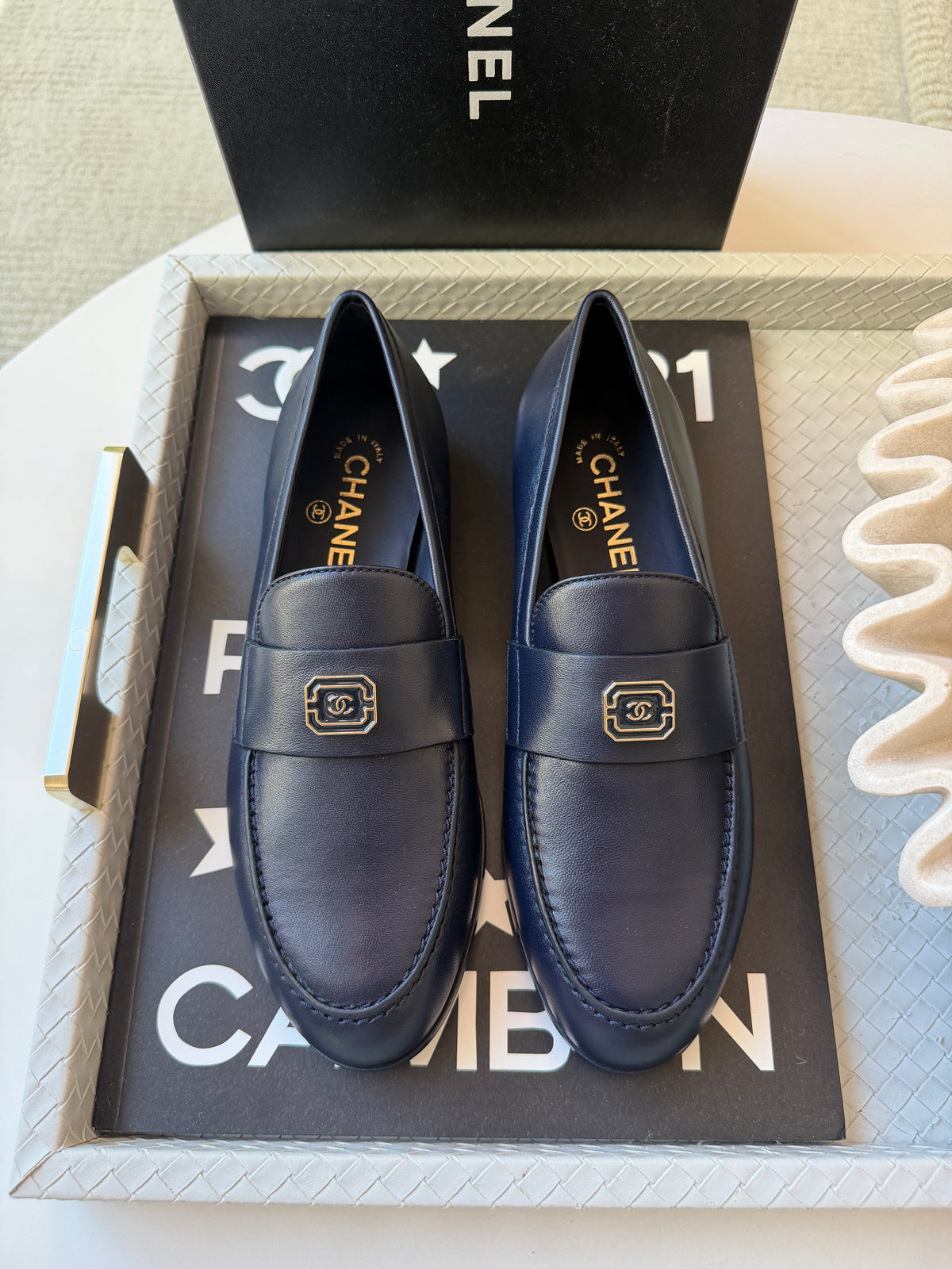 Chanel 2024 Classic Lambskin Leather Navy Blue Enamel CC Logo Moccasins Loafers Flats Shoes