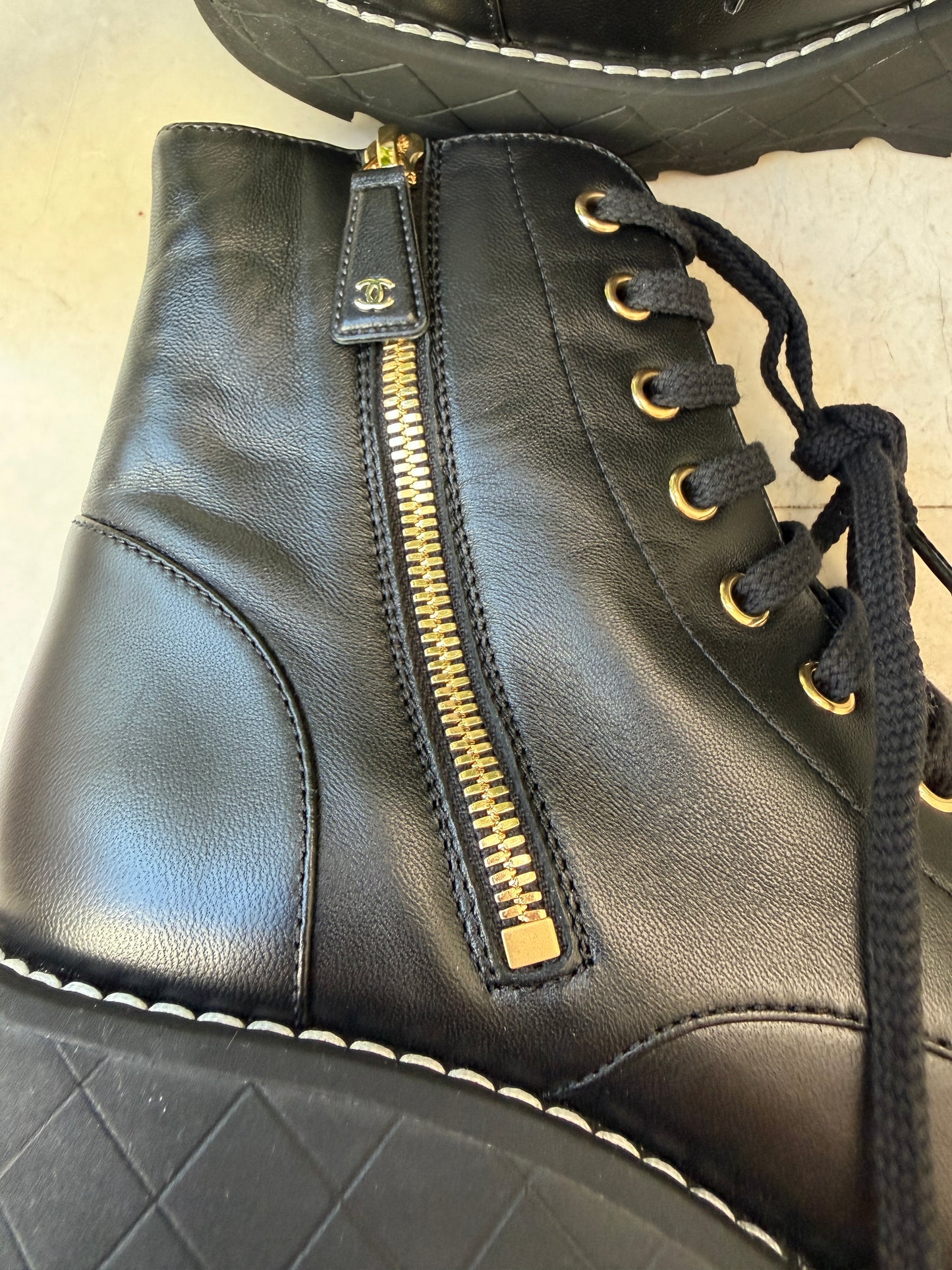 Chanel 2024 Platform Interlocking CC Logo Combat Wedge Lambskin Lace Up Ankle Boots