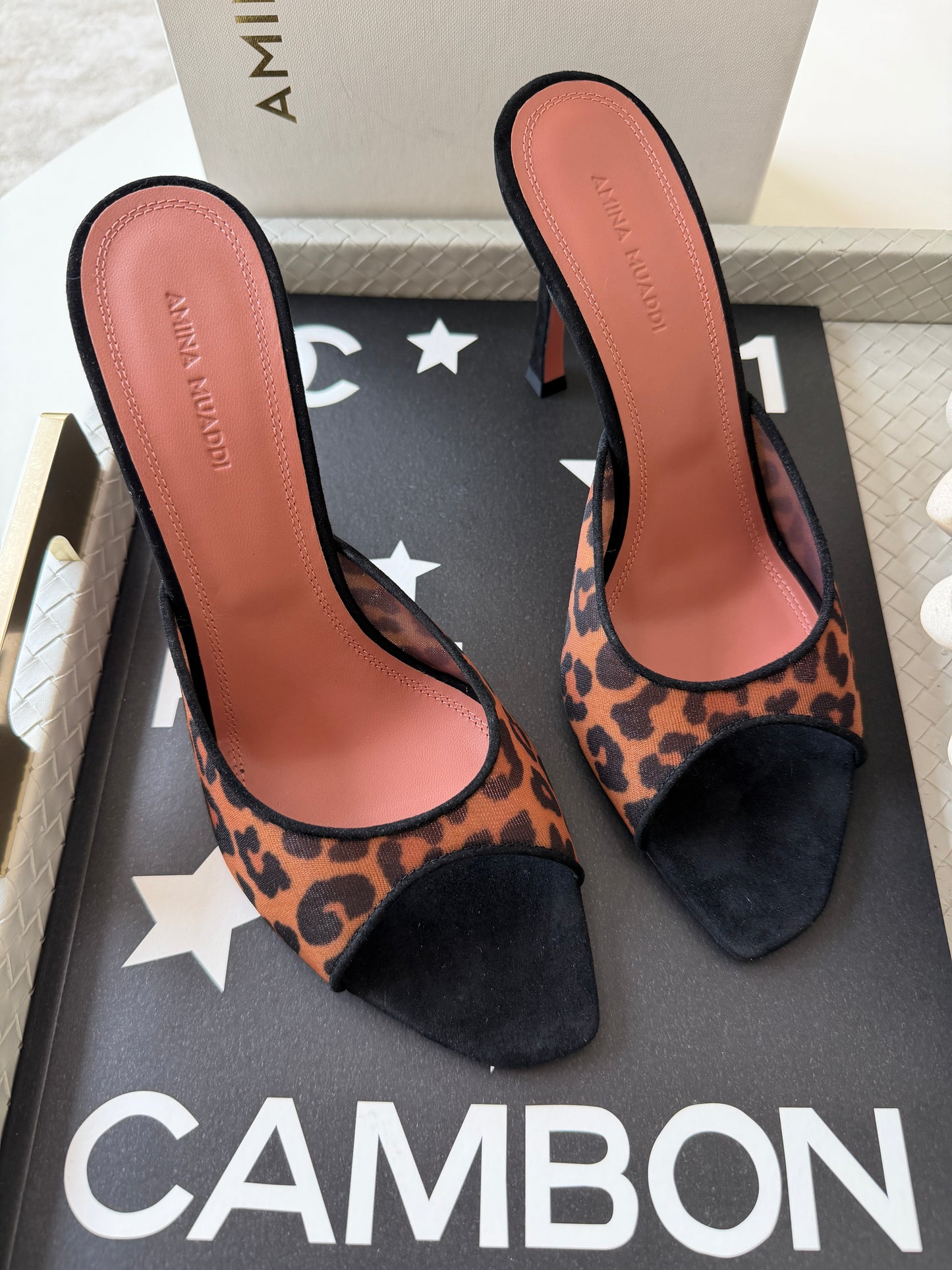 Amina Muaddi 95mm Alexa Black/Brown Leopard Print Mesh Mules Pumps Slides Animal Print Nylon Mule