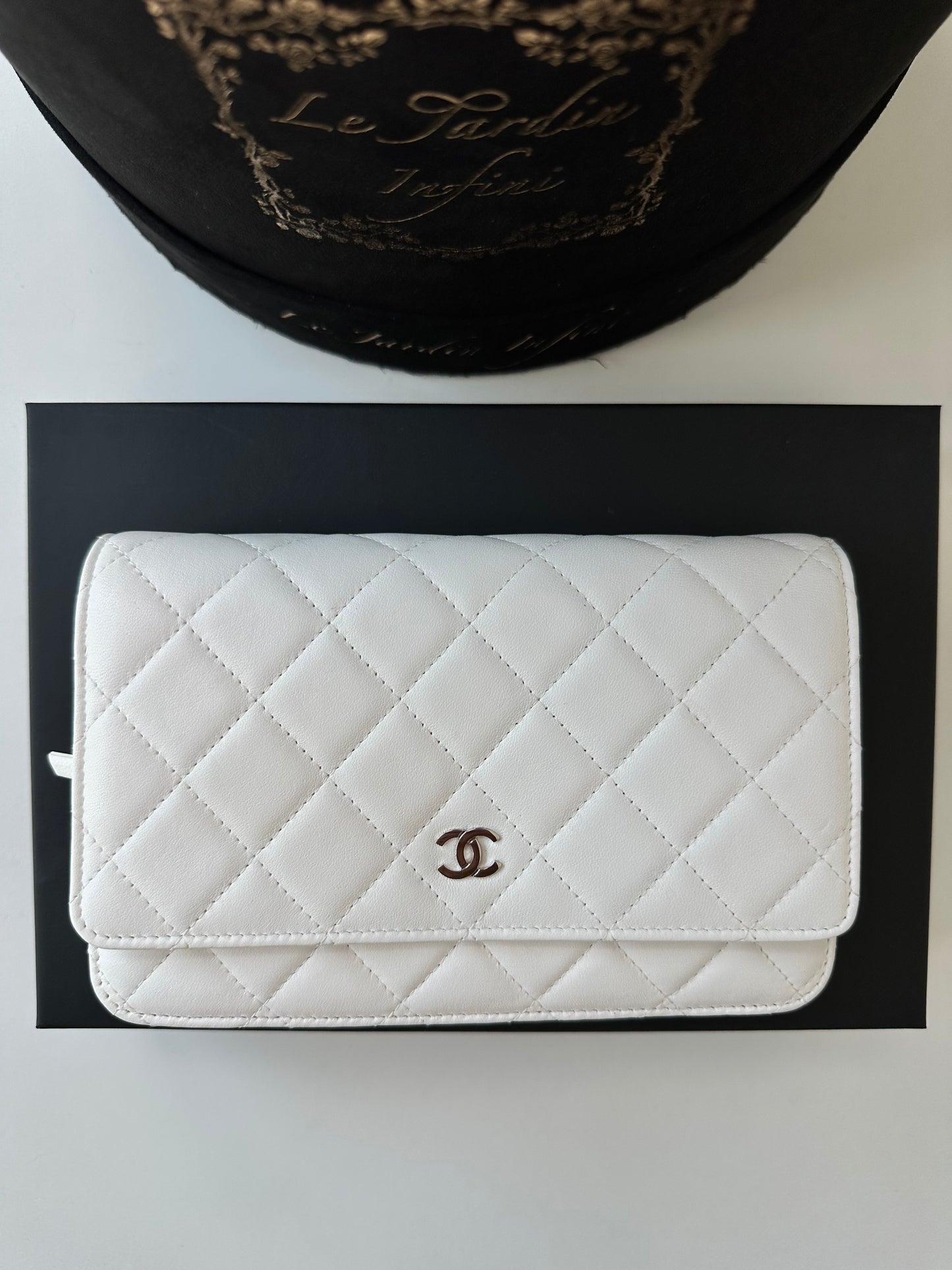 Chanel White Lambskin Leather WOC Small Chain Wallet Silver HW Cross Body Bag