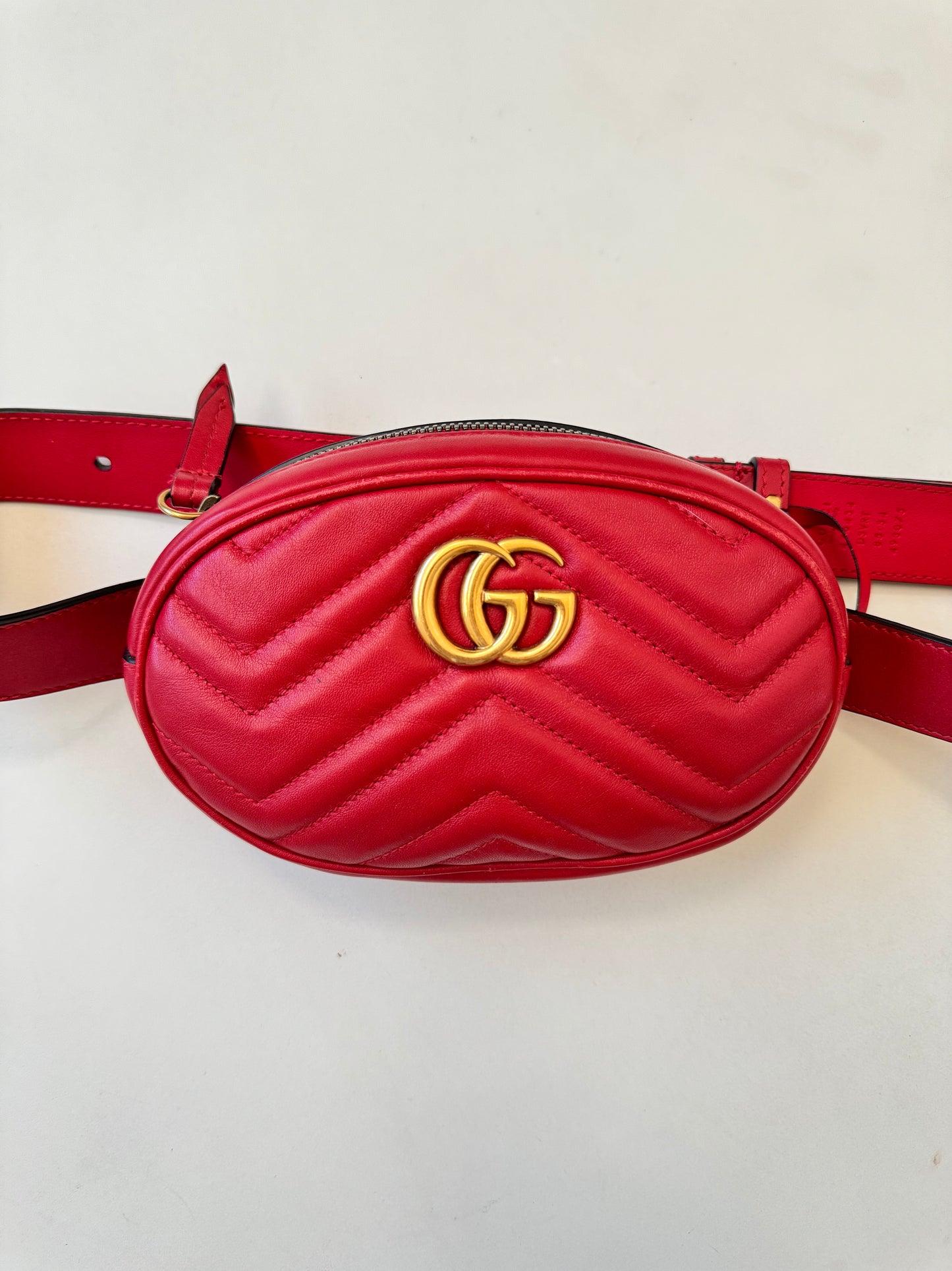 Gucci Marmont Red Leather GG Logo Belt Bag Pouch Pre-Owned