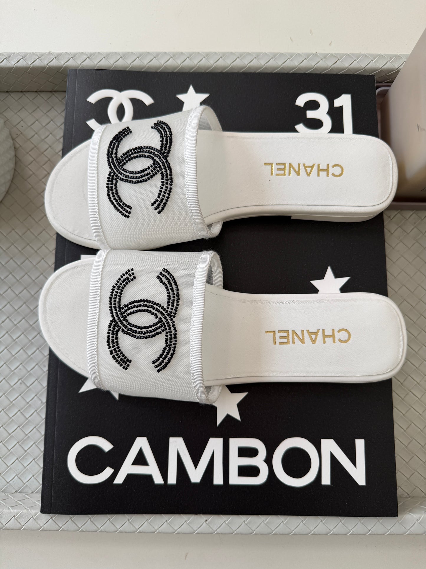 Chanel Blazy White Mesh Black Beads CC Logo Slides Sandals Mules Slide Flats