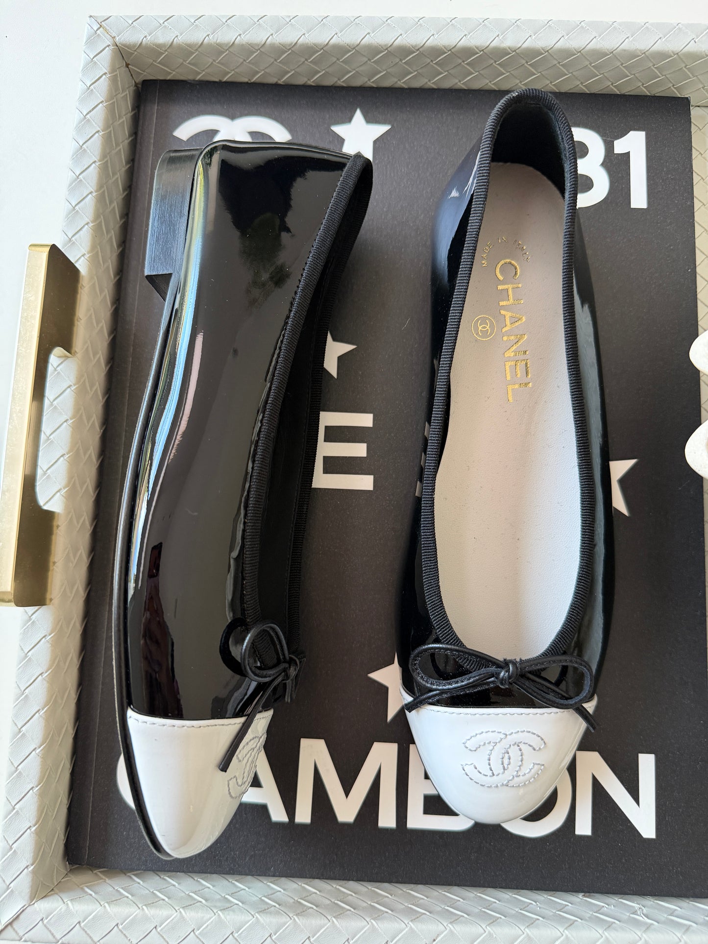 Chanel 26 Black Patent Leather White Cap Toe CC Logo Flat Ballet Ballerina Flats