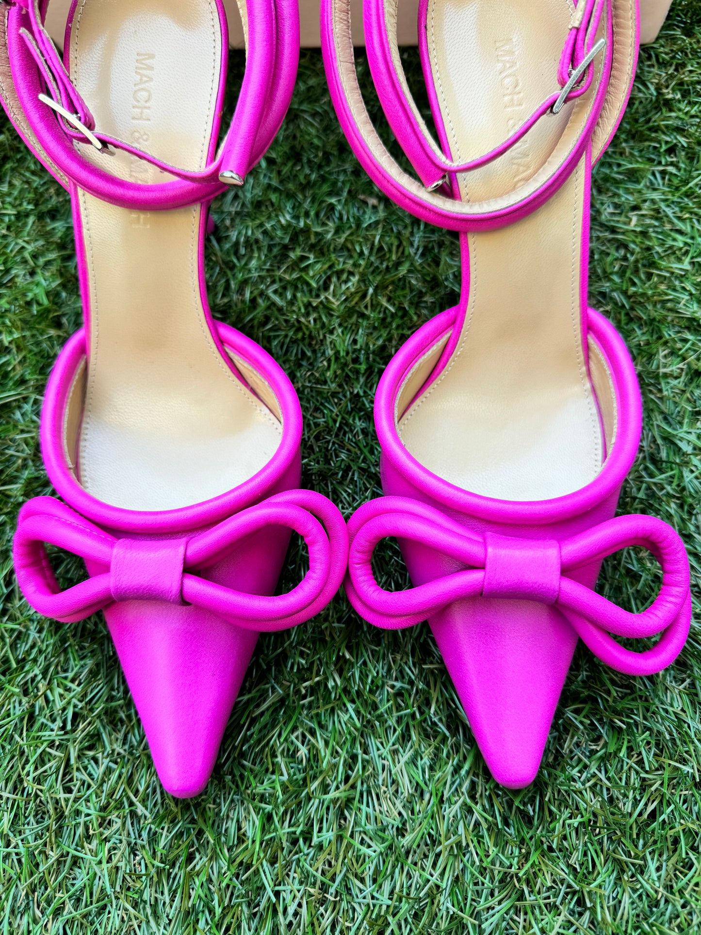 Mach & Mach Double Bow Hot Pink Fuchsia Leather Pointed Toe Ankle Strap Sandals Heels Shoes