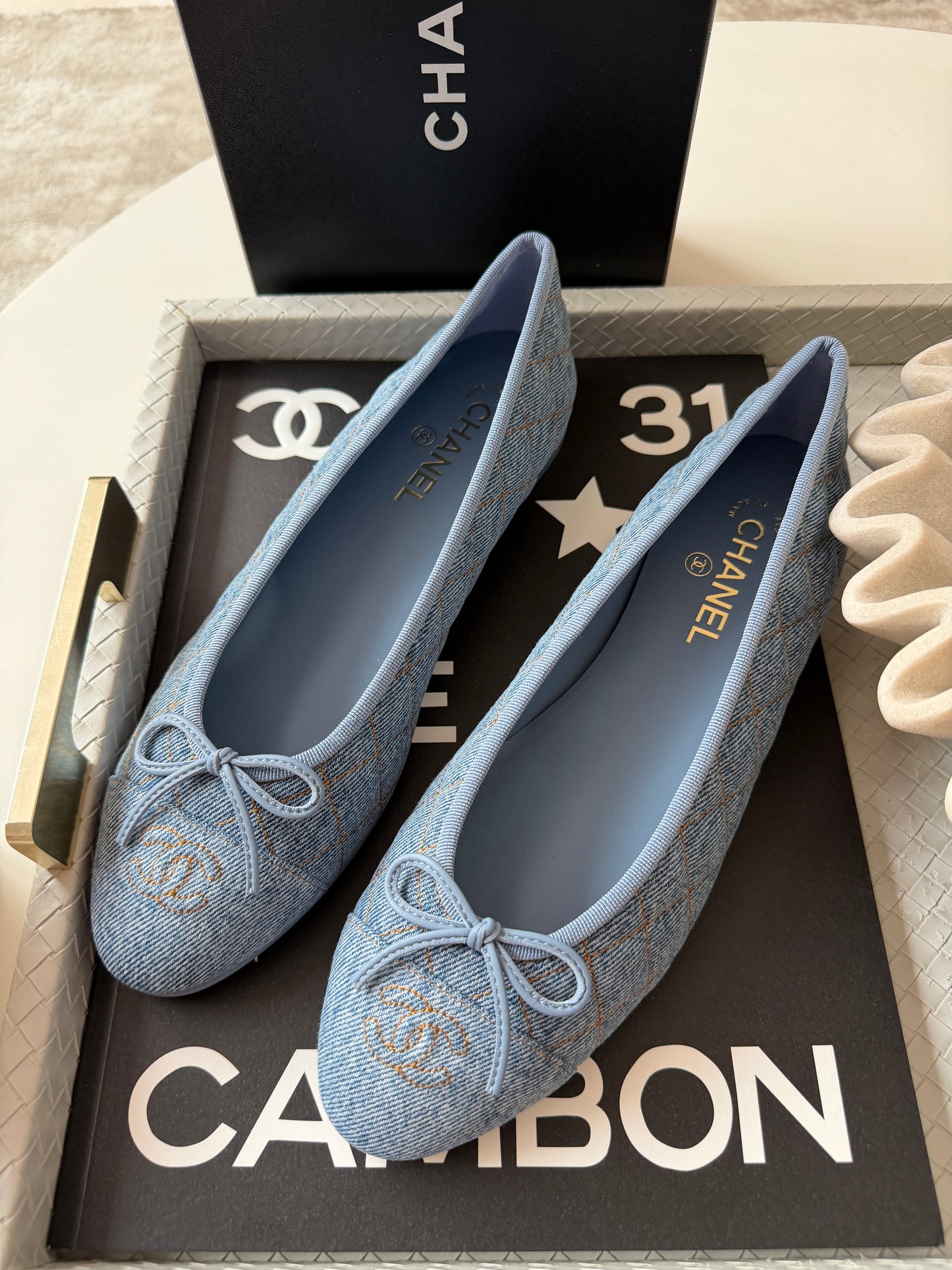 Chanel 26B Blazy Quilted Denim CC Logo Ballet Flats Light Blue Jean Ballerina