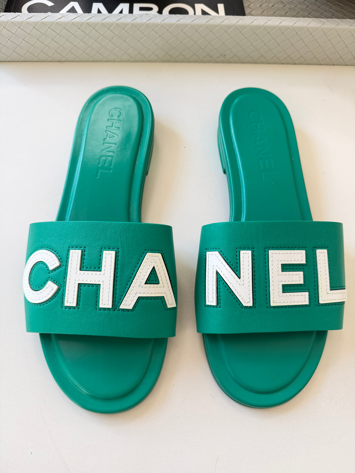 CHANEL CHA NEL LOGO GREEN LEATHER FLAT SHOES SLIDES MULES