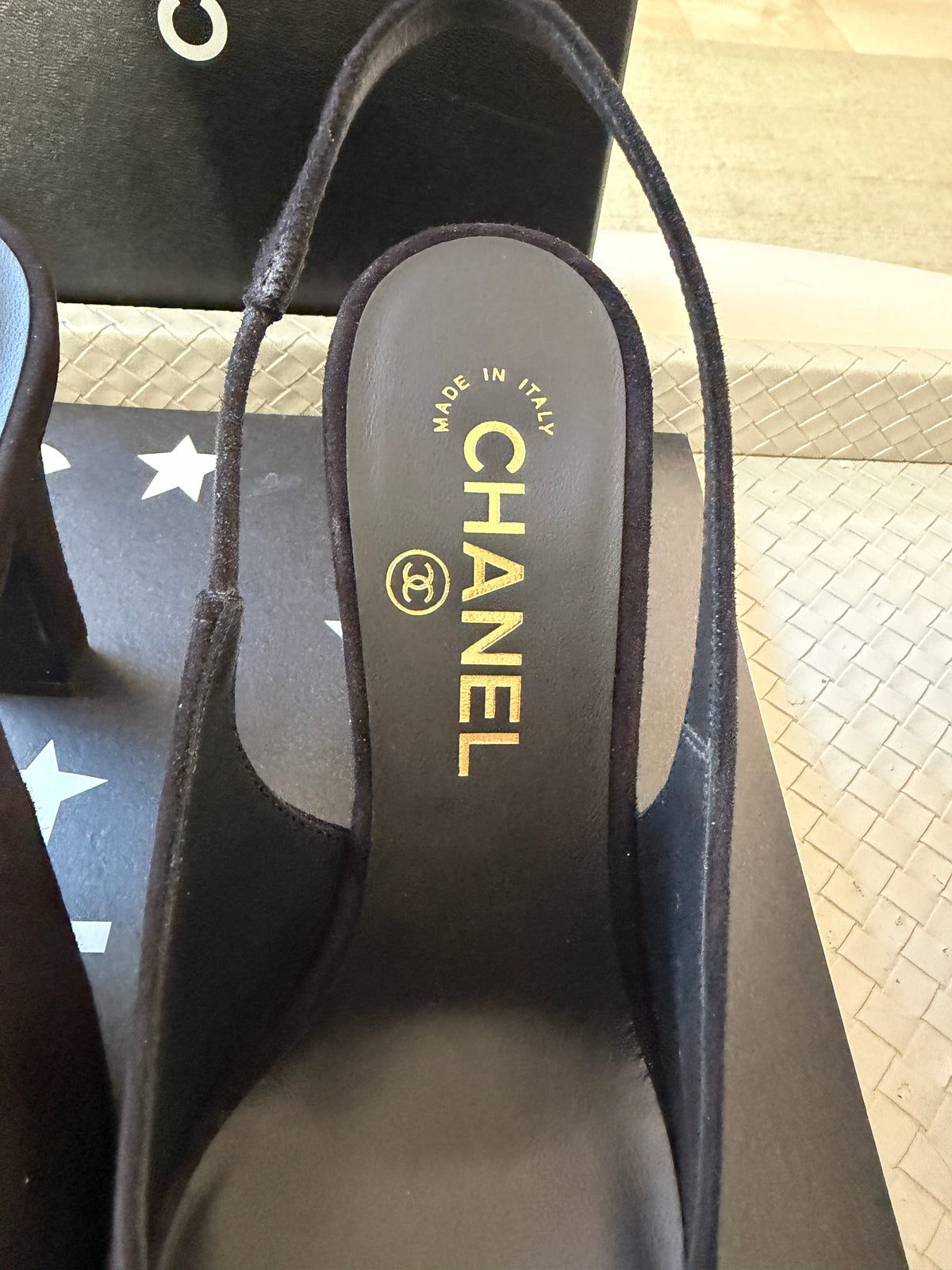 Chanel 26K Blazy Black Suede White Square Toe CC Slingback Sling Heel Pumps Heels