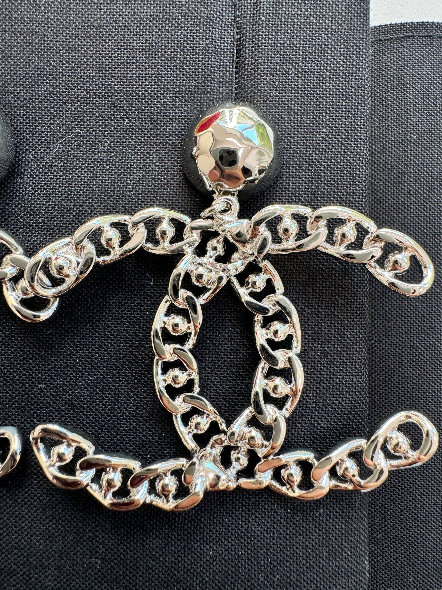 Chanel 22A CC Logo Silver Chain Chained Stud Big Large Drop Dangle Earrings