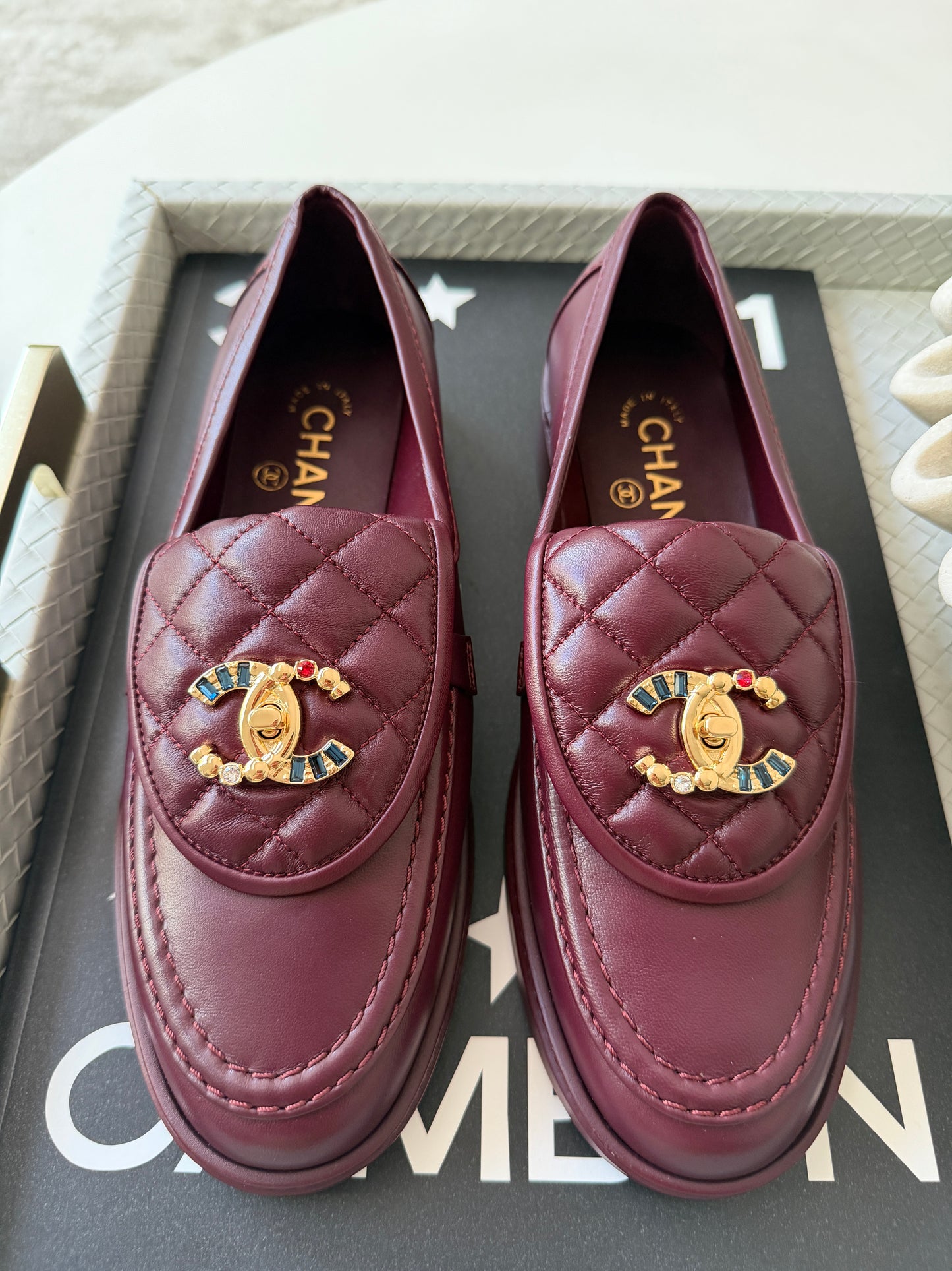 CHANEL BURGUNDY LEATHER LOAFERS OXFORD SHOES GOLD STRASS GEMS CC TURNLOCK MOCCASINS