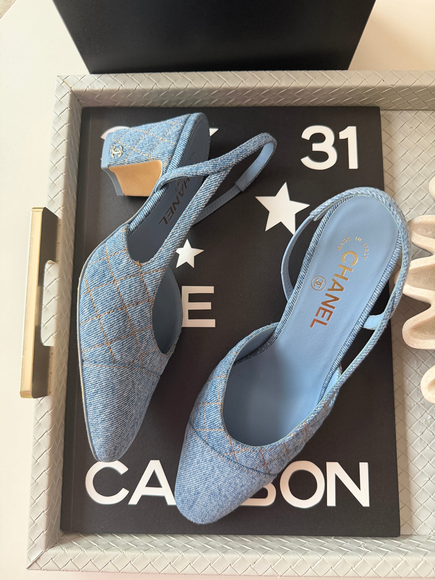 Chanel 26B CC Logo Light Blue Quilted Denim Jean Slingback Pumps Chunky Heel