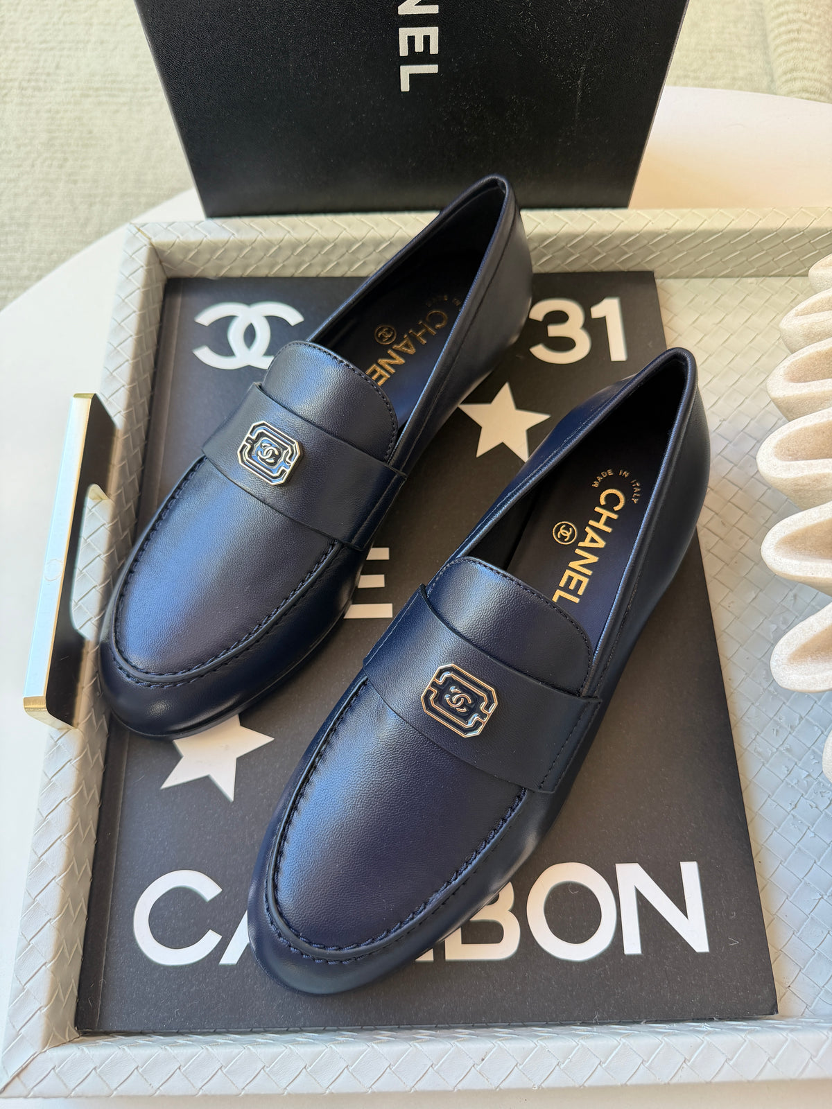 Chanel 2024 Classic Lambskin Leather Navy Blue Enamel CC Logo Moccasins Loafers Flats Shoes