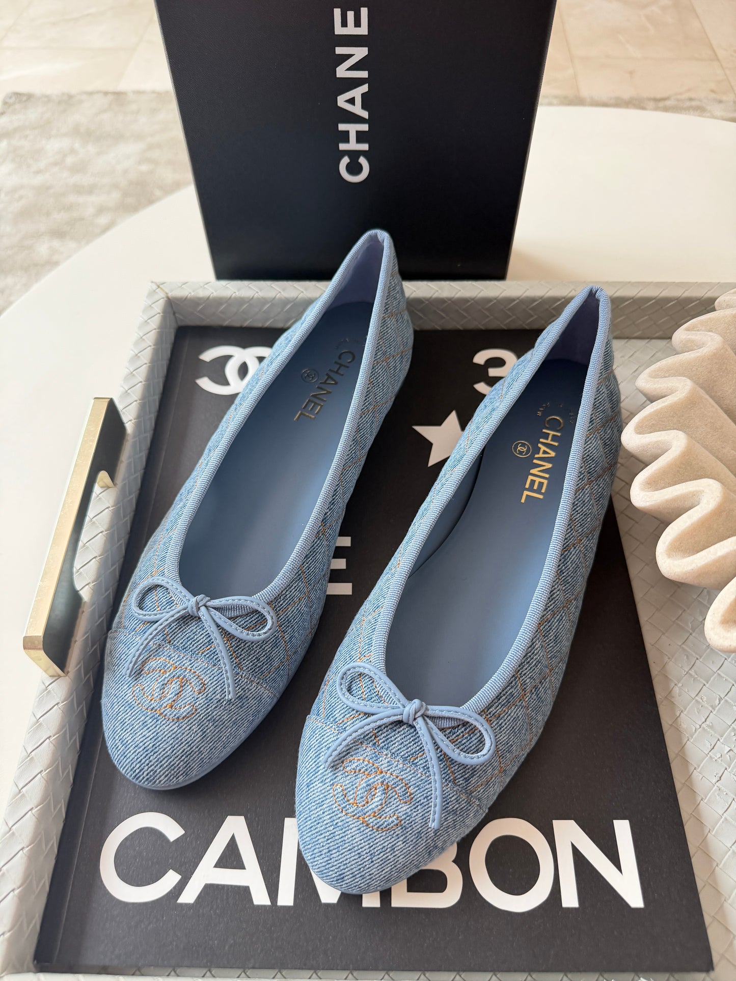 Chanel 26B Blazy Quilted Denim CC Logo Ballet Flats Light Blue Jean Ballerina