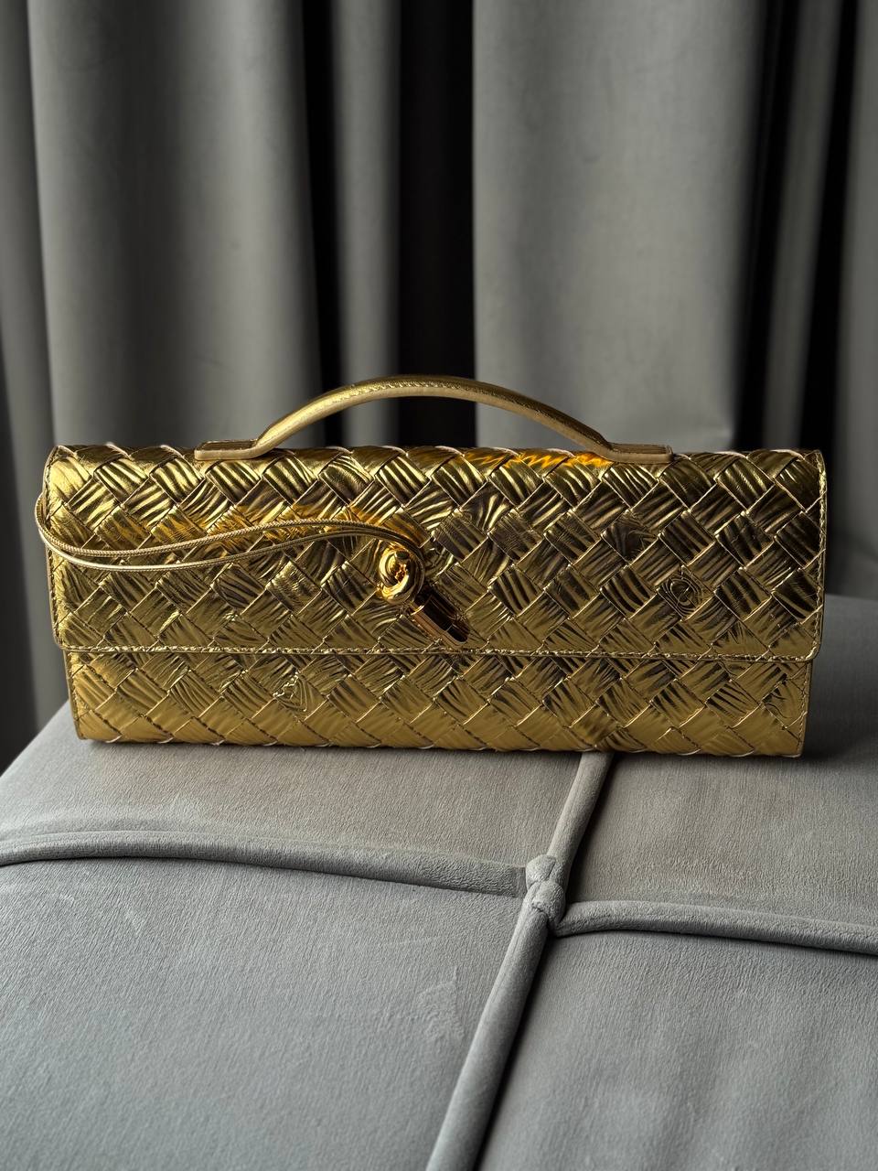 Bottega Veneta Andiamo Gold Metallic Bark Calfskin Top Handle Clutch Handbag Purse