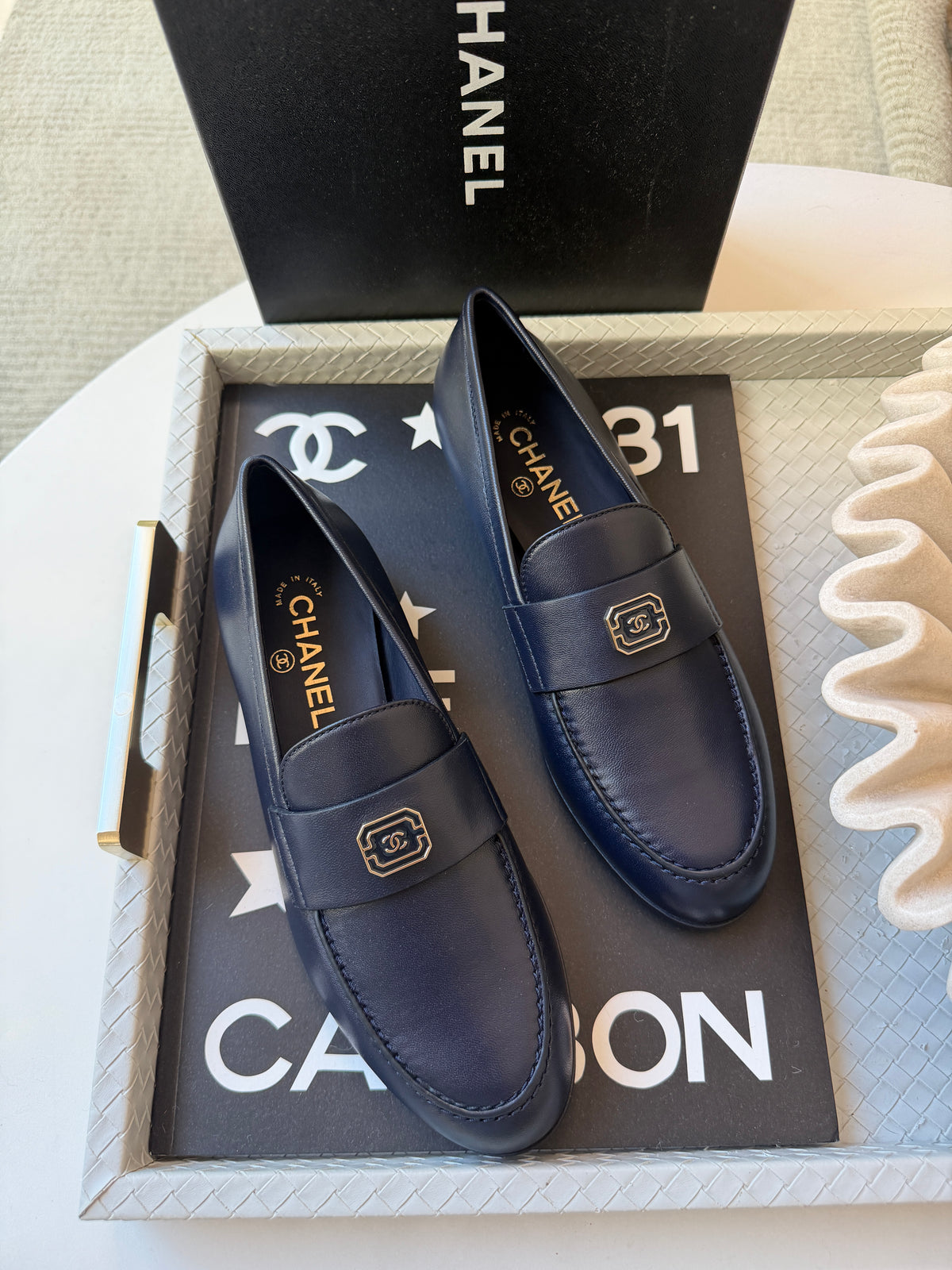 Chanel 2024 Classic Lambskin Leather Navy Blue Enamel CC Logo Moccasins Loafers Flats Shoes