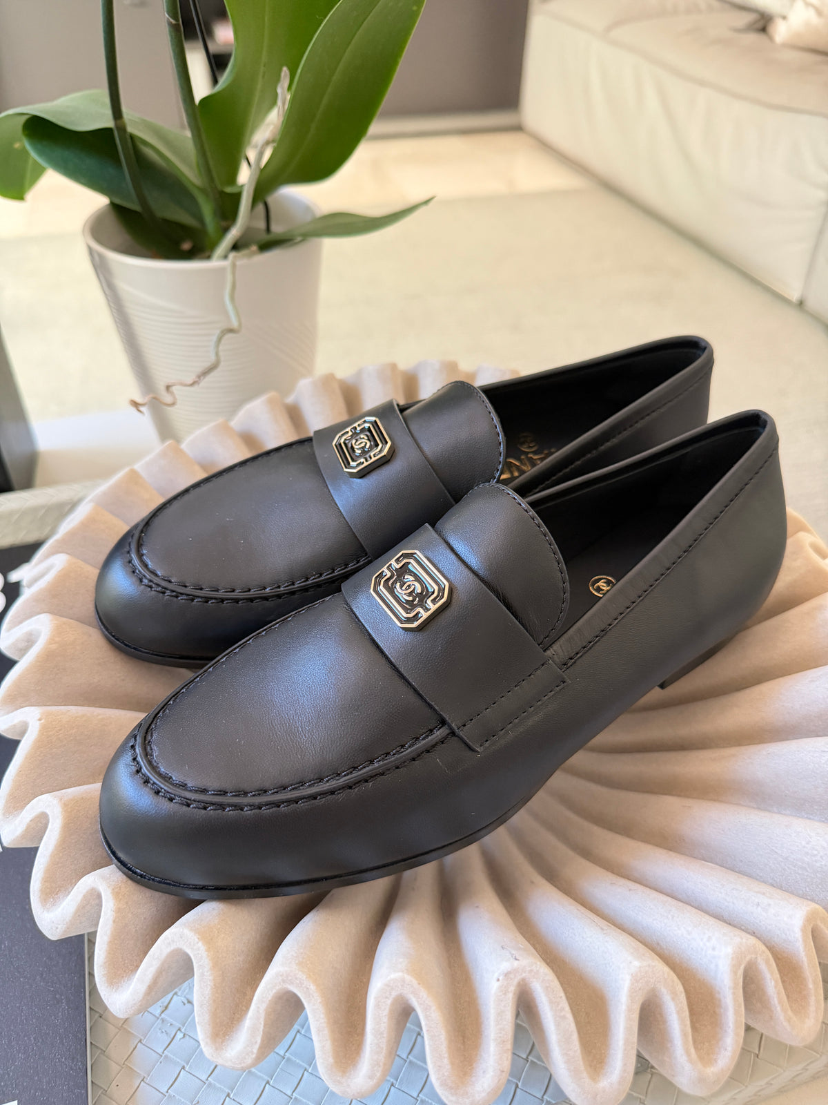 Chanel 2024 Classic Lambskin Leather Black Enamel CC Logo Moccasins Loafers Flats Shoes
