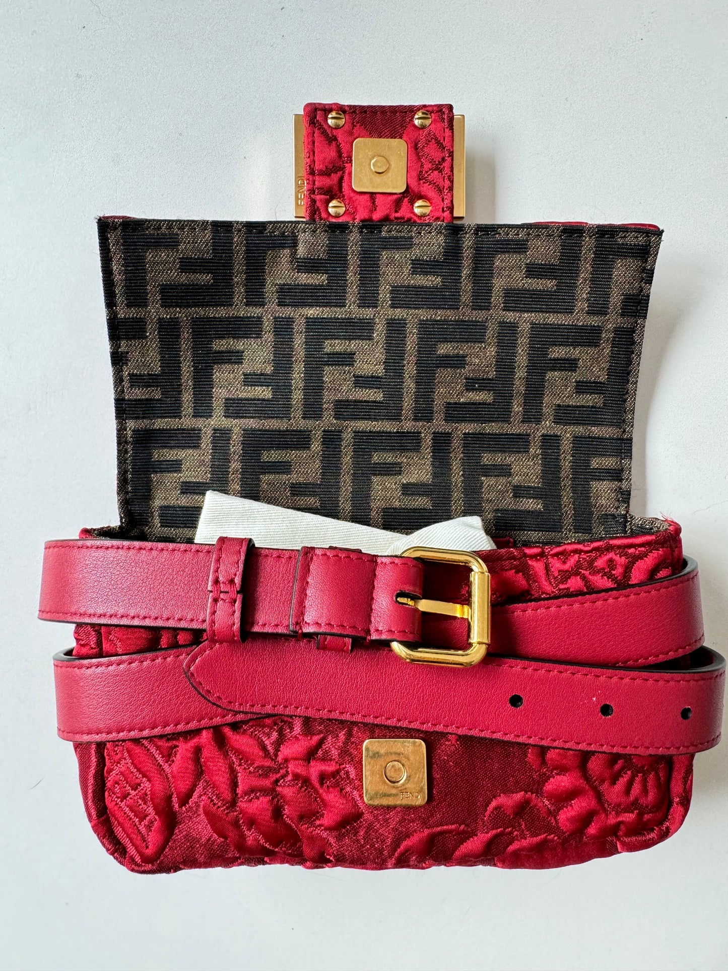 Fendi Red Rosso Fabric Floral Embroidered Hip Belt Pouch Baguette Bag Purse Pre-Owned