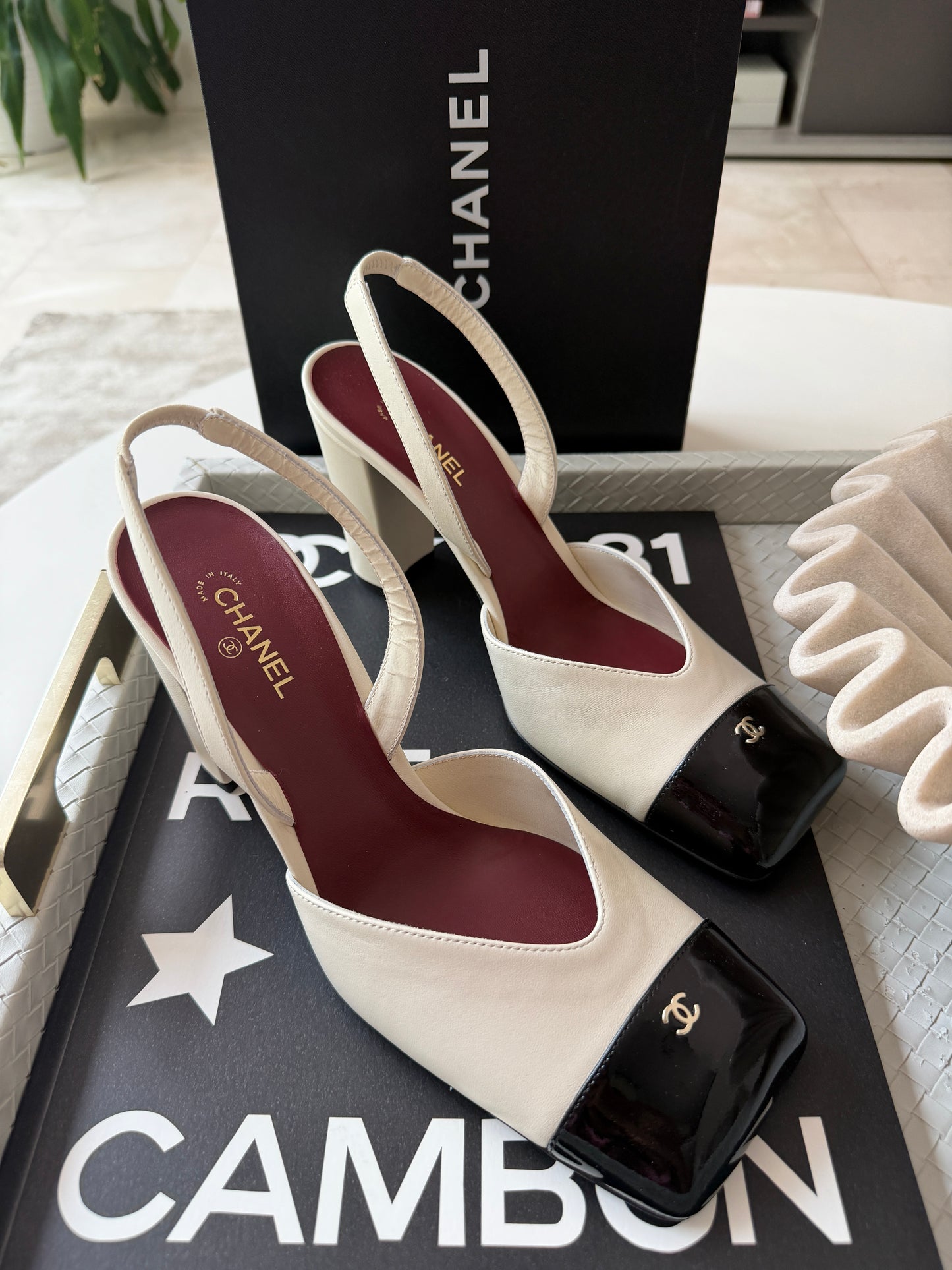 Chanel 26S Blazy Ivory Ecru Black Square Cap Toe Sling CC Slingback Chunky Heel Pumps