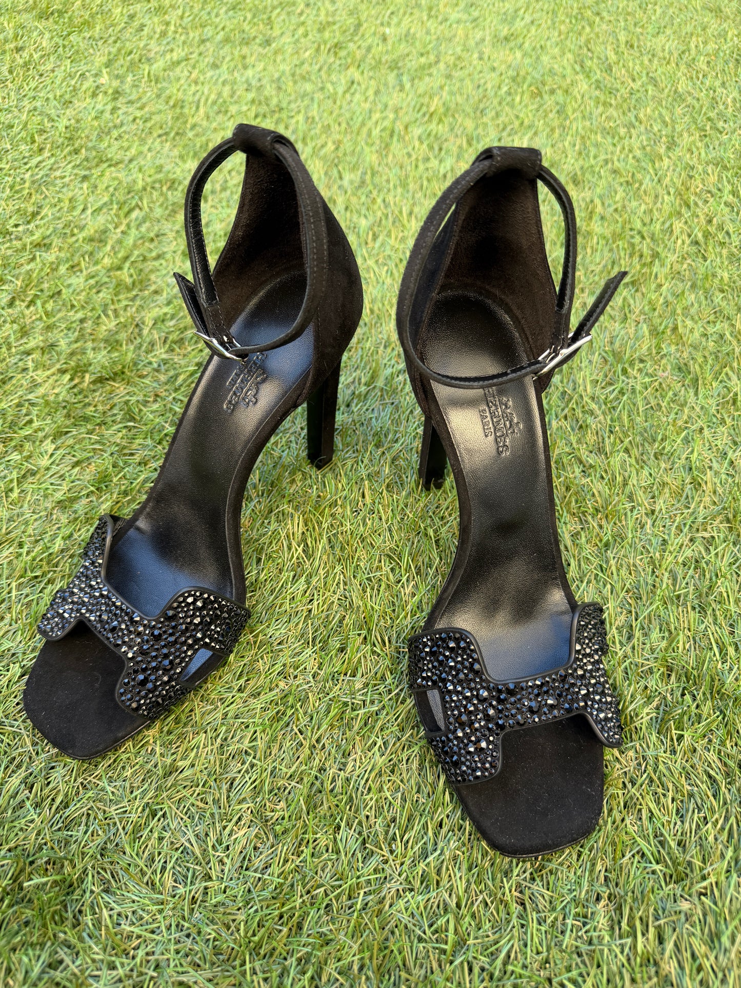 Hermes Joy 105 Noir Black Suede Crystal Strass Ankle Strap Sandal Heels