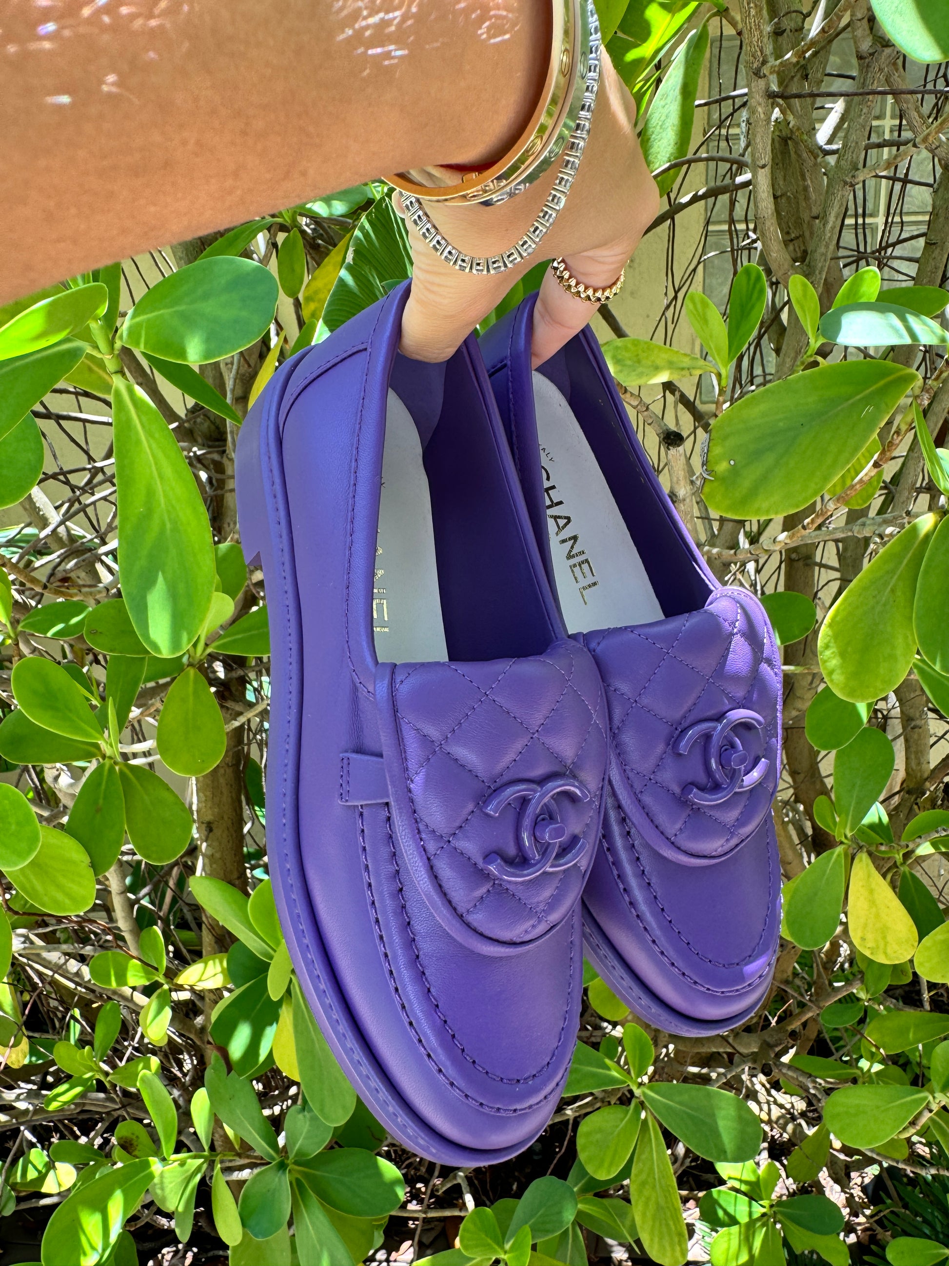 Chanel 23P Purple Quilted Flap Turn Lock CC Logo Slip On Flat