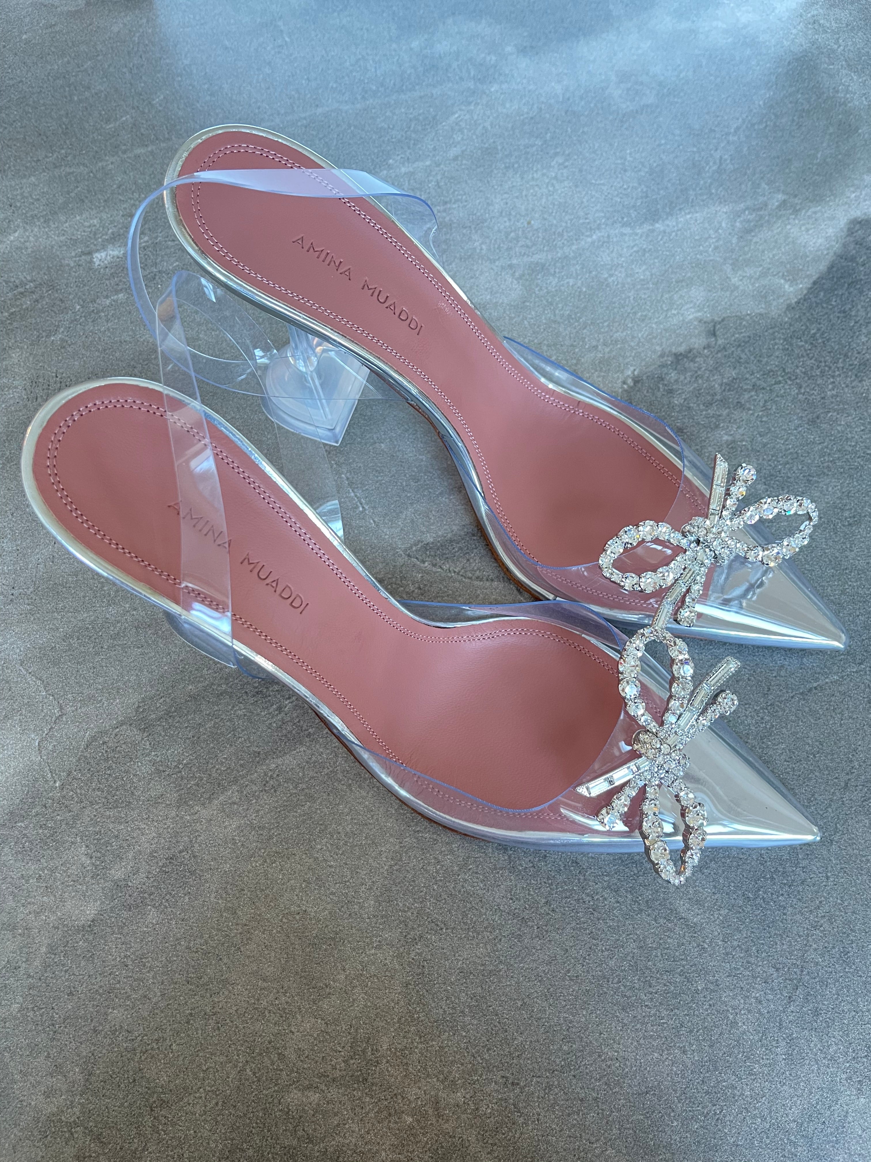 Amina Muaddi Rosie PVC Clear Transparent Bow Crystal Embellished Pumps Miami Lux Boutique