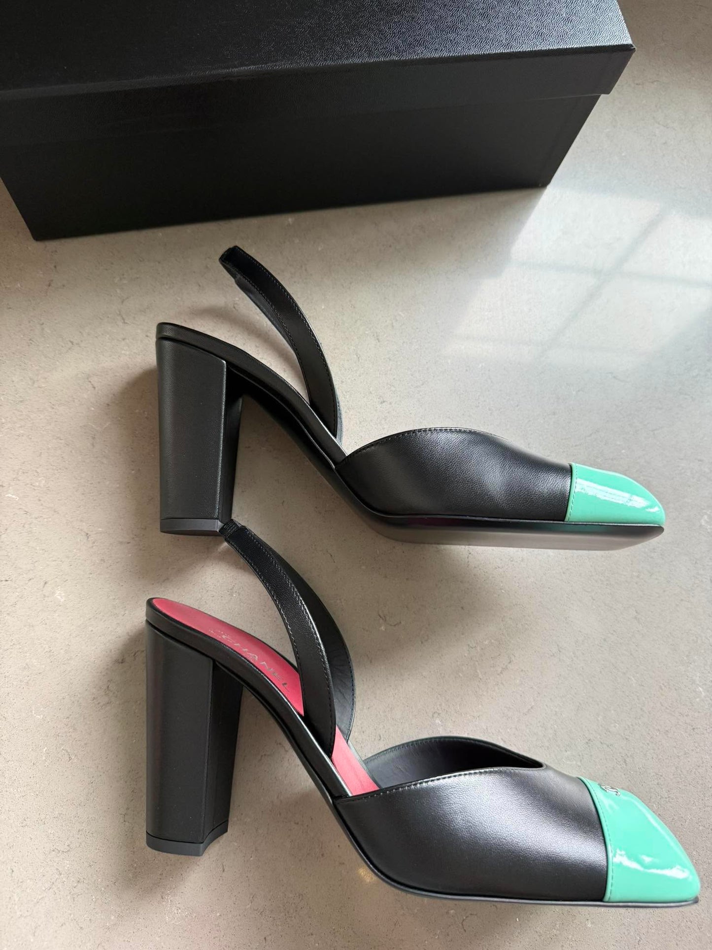 Chanel 26S Blazy Black Green Minty Square Cap Toe Sling CC Slingback Chunky Heel Pumps