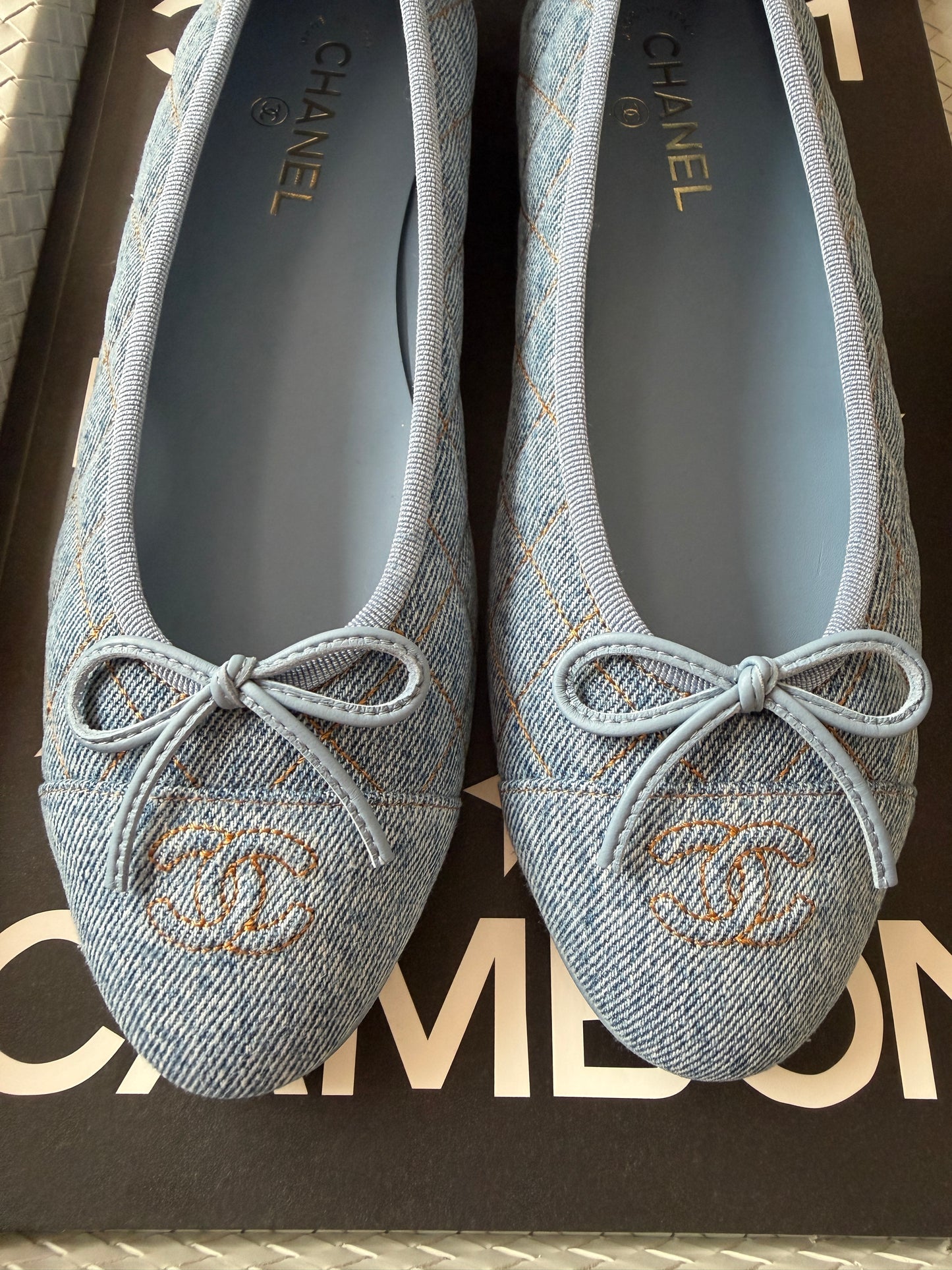 Chanel 26B Blazy Quilted Denim CC Logo Ballet Flats Light Blue Jean Ballerina