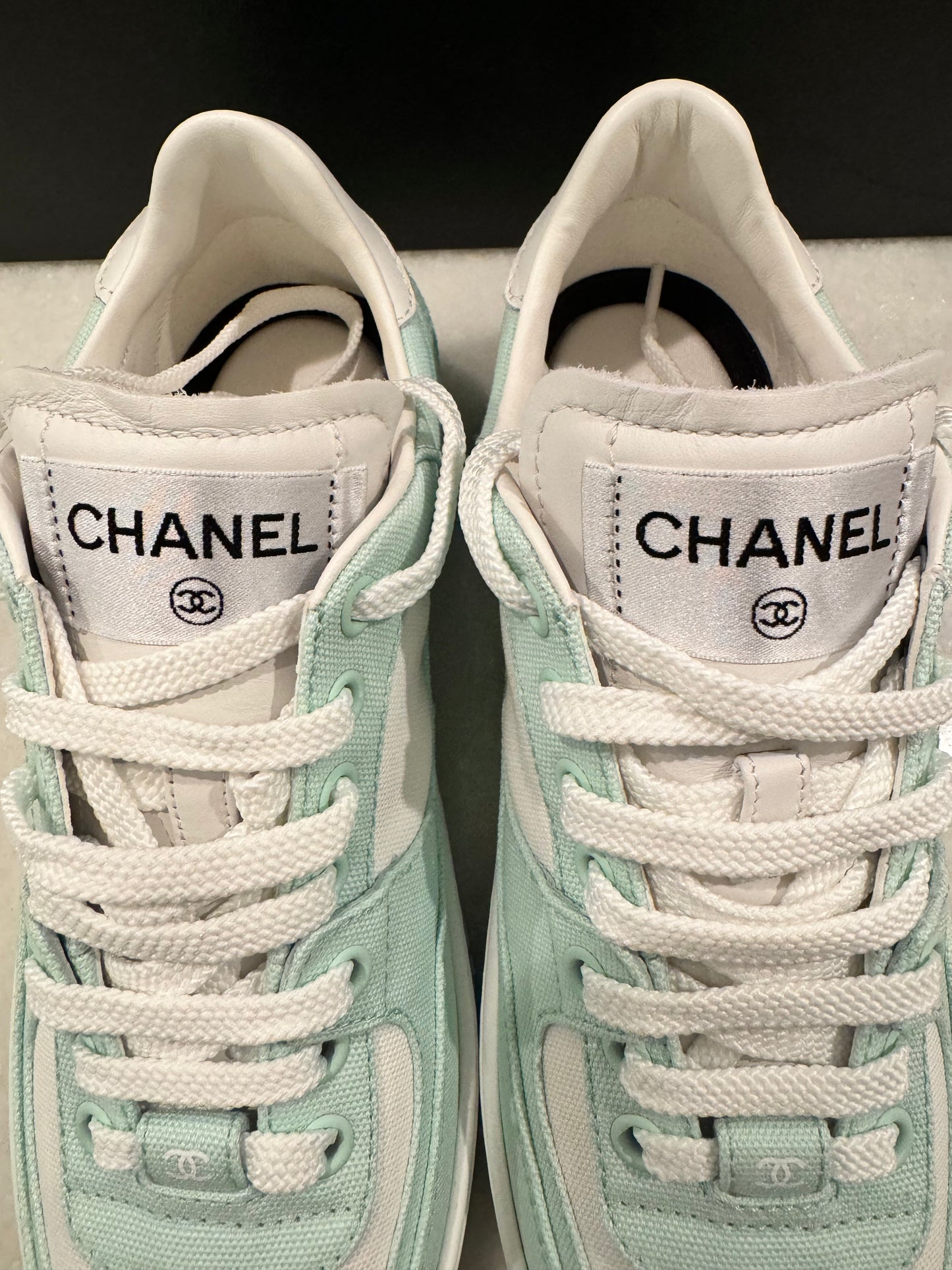 Chanel 24C Cruise 2024 Light Turquoise White Cotton CC Logo Trainers Sneakers