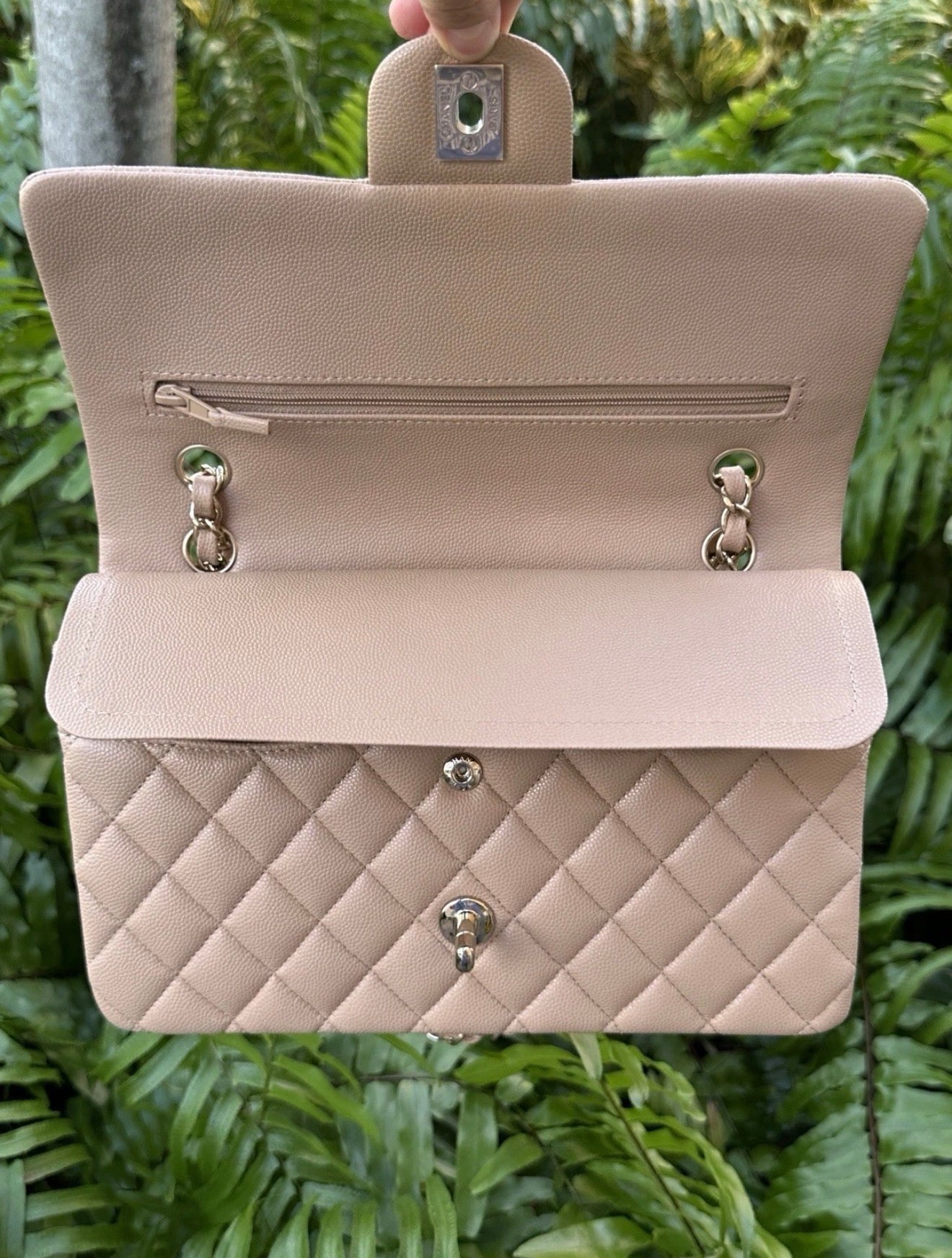 CHANEL DARK BEIGE CAVIAR LEATHER MEDIUM CLASSIC DOUBLE FLAP BAG LIGHT GOLD HARDWARE