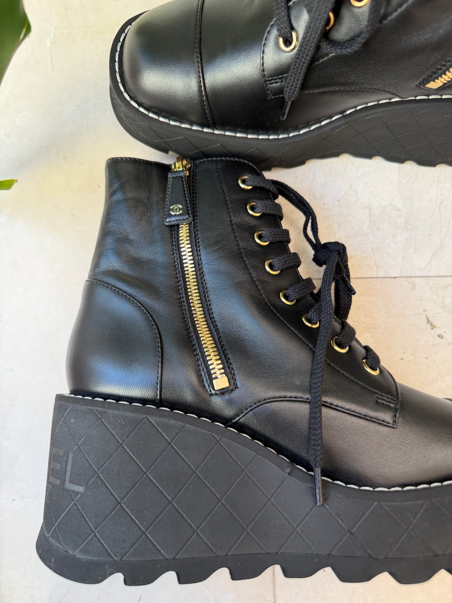 Chanel 2024 Platform Interlocking CC Logo Combat Wedge Lambskin Lace Up Ankle Boots
