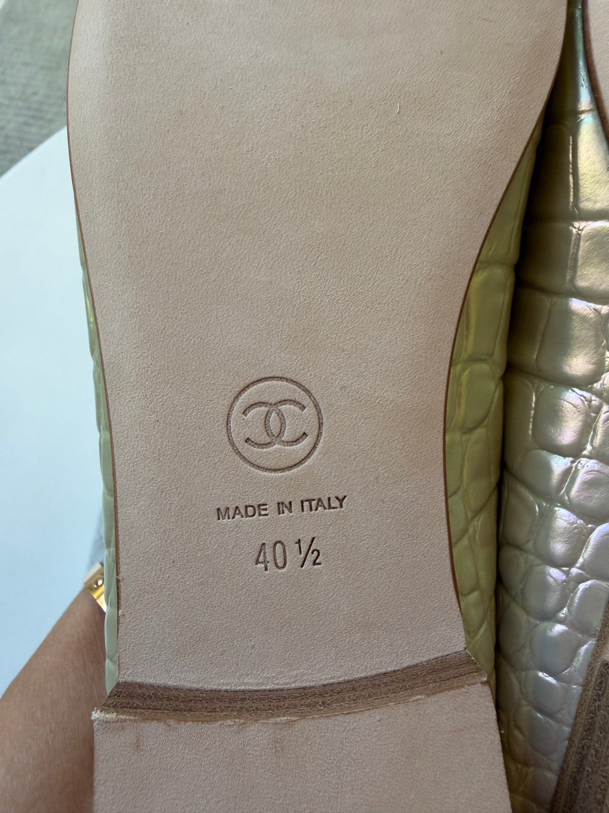Chanel 26K Yellow Crocodile Croc Embossed Iridescent Cap Toe Ballet Flats