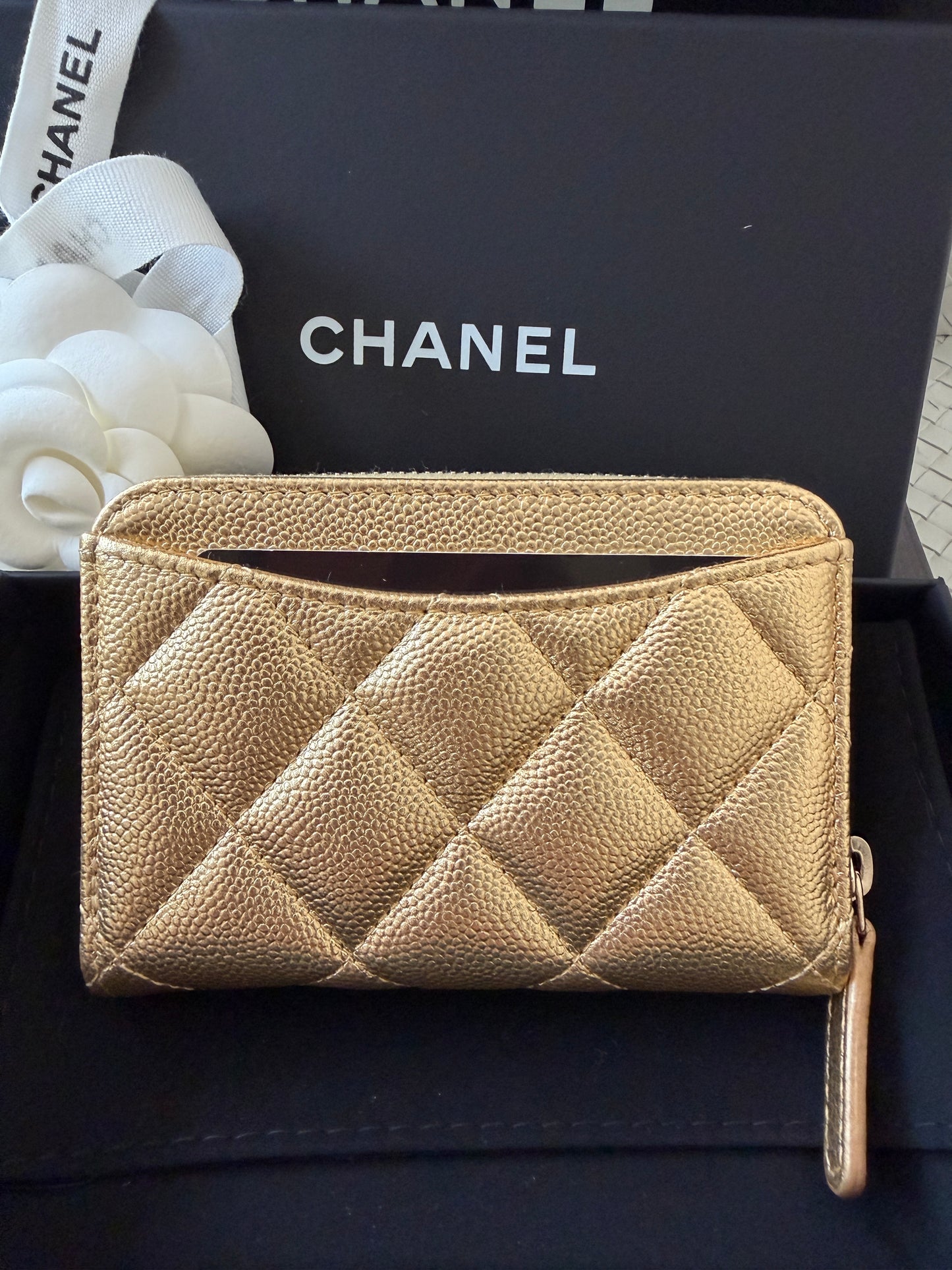 Chanel 26 Classic Zipped Zip Coin Purse Caviar Leather Gold Dore Metallic Wallet