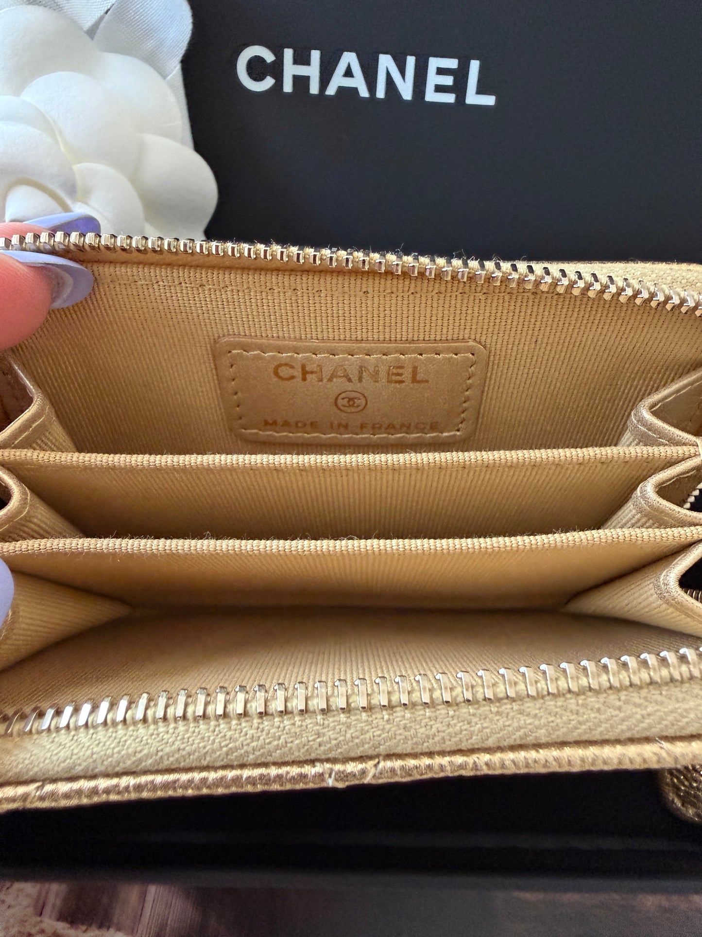 Chanel 26 Classic Zipped Zip Coin Purse Caviar Leather Gold Dore Metallic Wallet