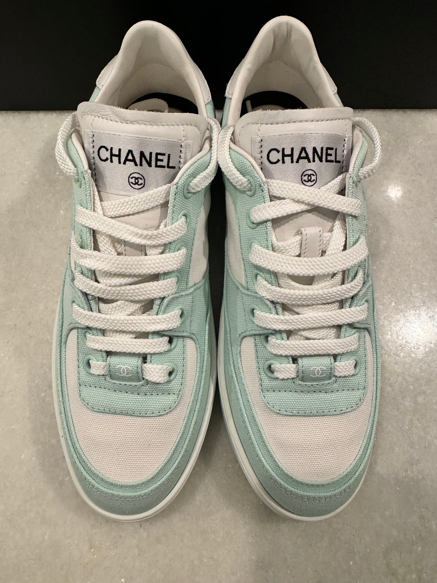 Chanel 24C Cruise 2024 Light Turquoise White Cotton CC Logo Trainers Sneakers