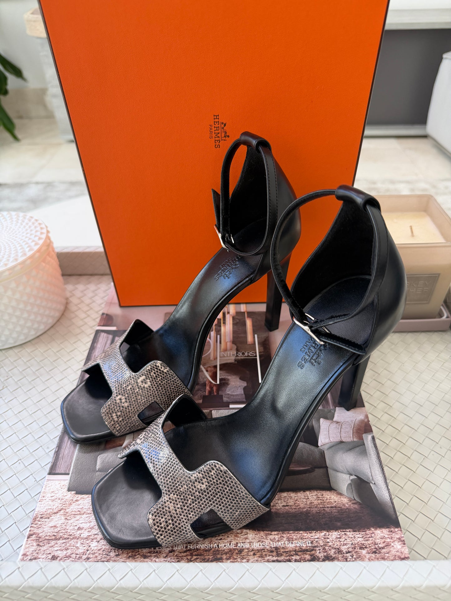 Hermes Joy 105 Ombré Noir Black Natura Lizard Calfskin Leather Ankle Strap Heels