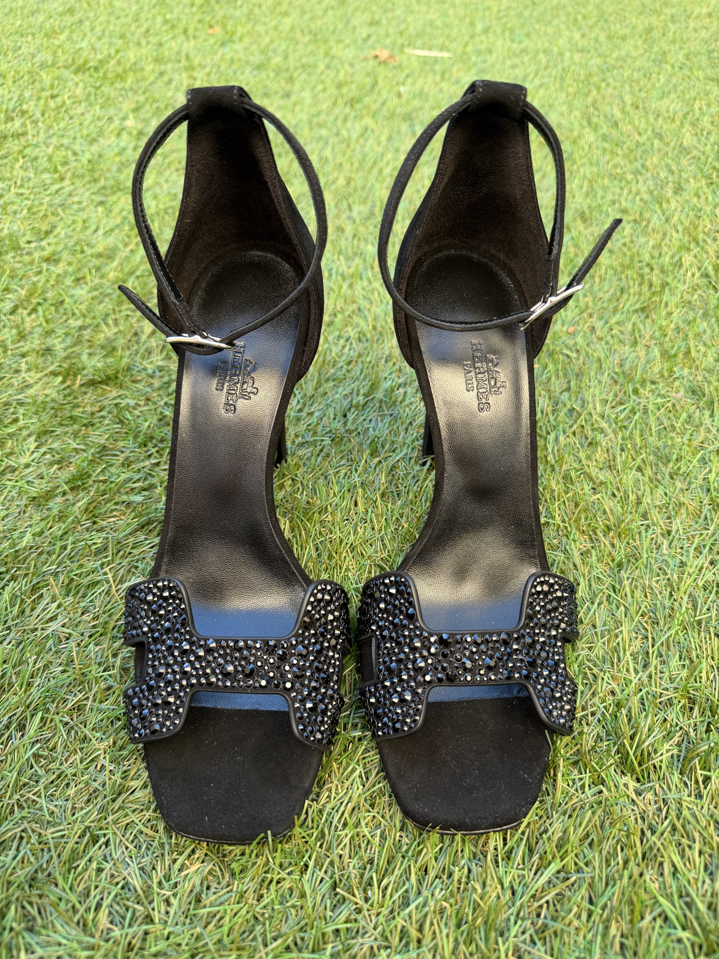 Hermes Joy 105 Noir Black Suede Crystal Strass Ankle Strap Sandal Heels