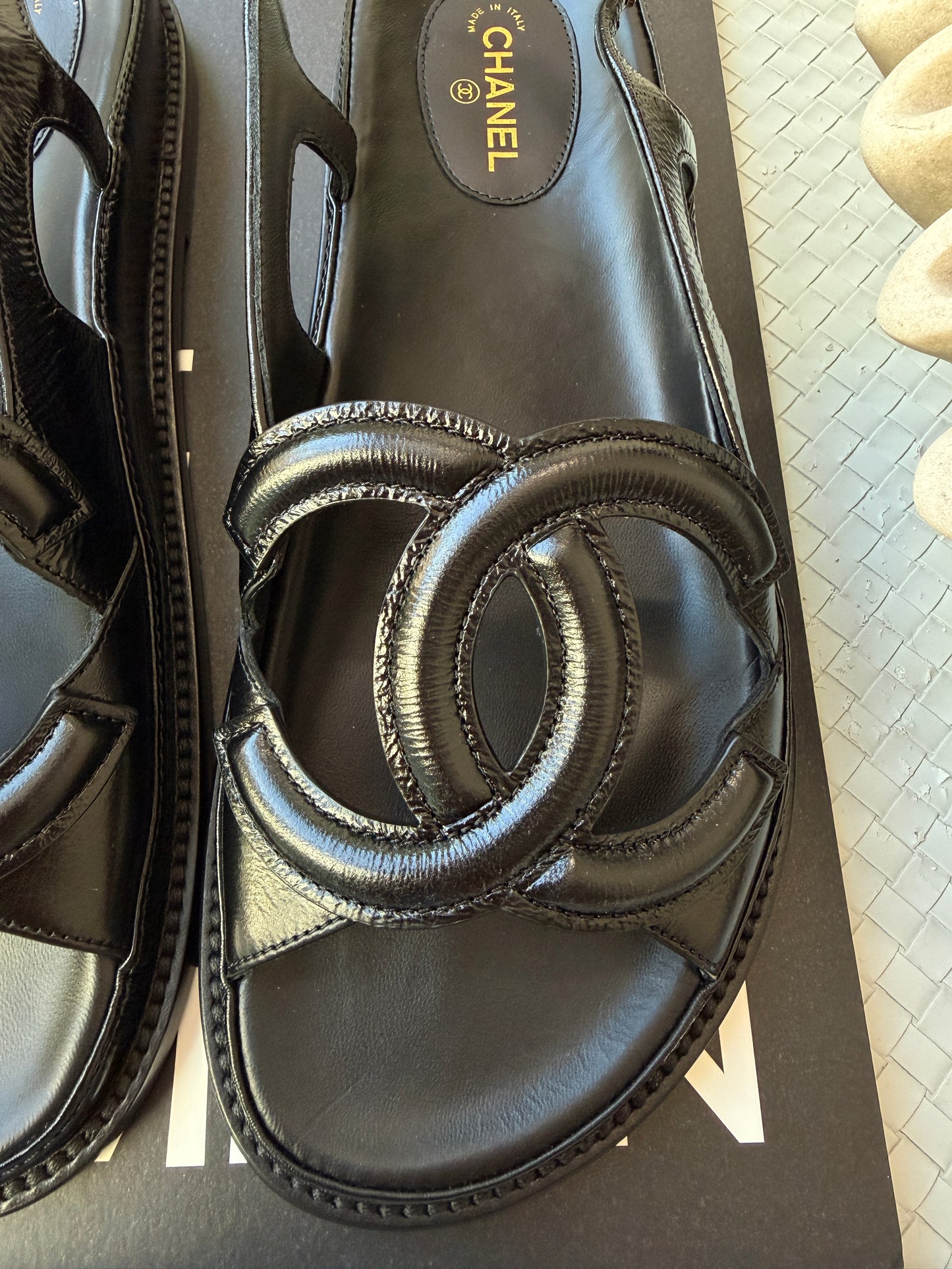 Chanel FW 26 Blazy Crumpled Shiny Lambskin Leather Black CC Logo Dad Sandals Slingbacks
