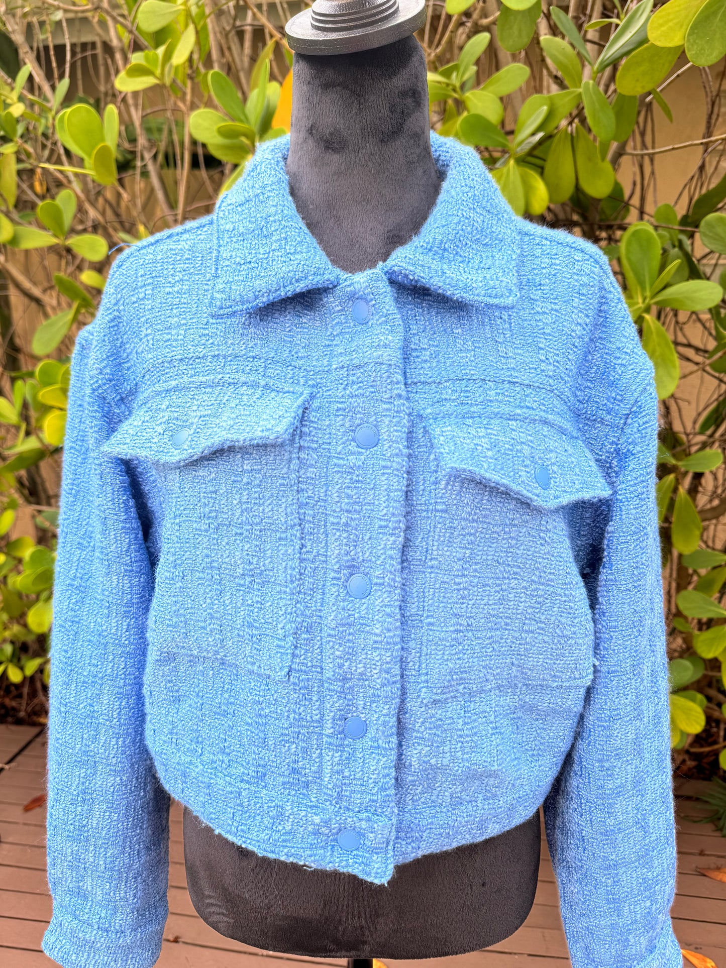 BLANKNYC Blank NYC Bright Blue Tweed Cropped Jacket Pockets