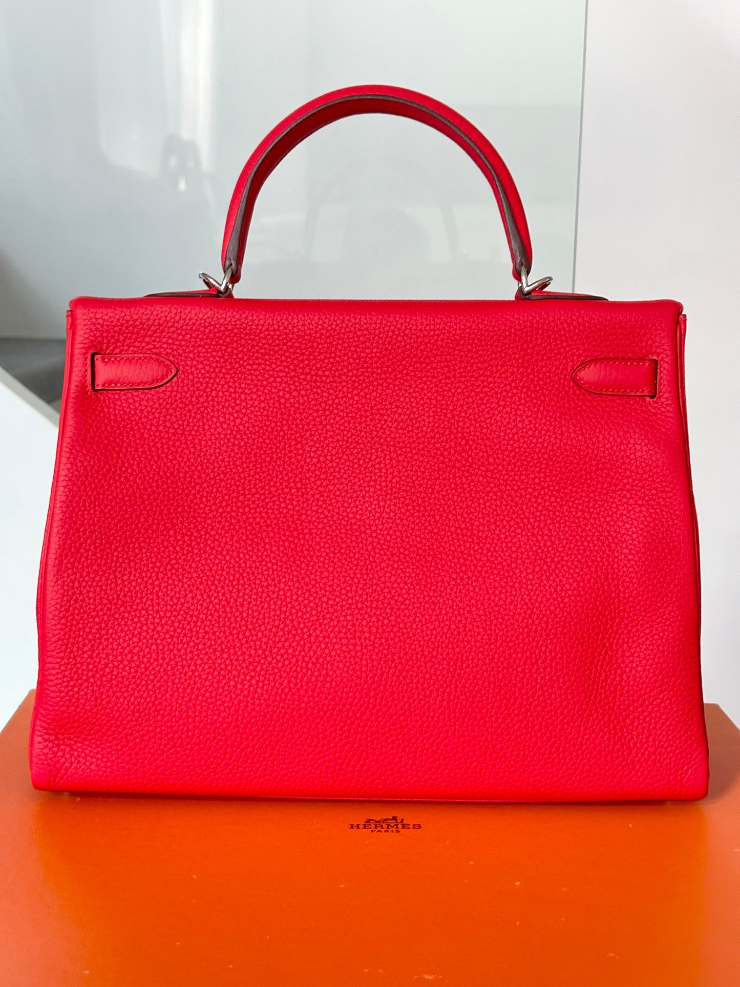 Hermes Kelly 35 Rouge Tomate Red Retourne Togo Leather Palladium Hardware PHW Bag Handbag