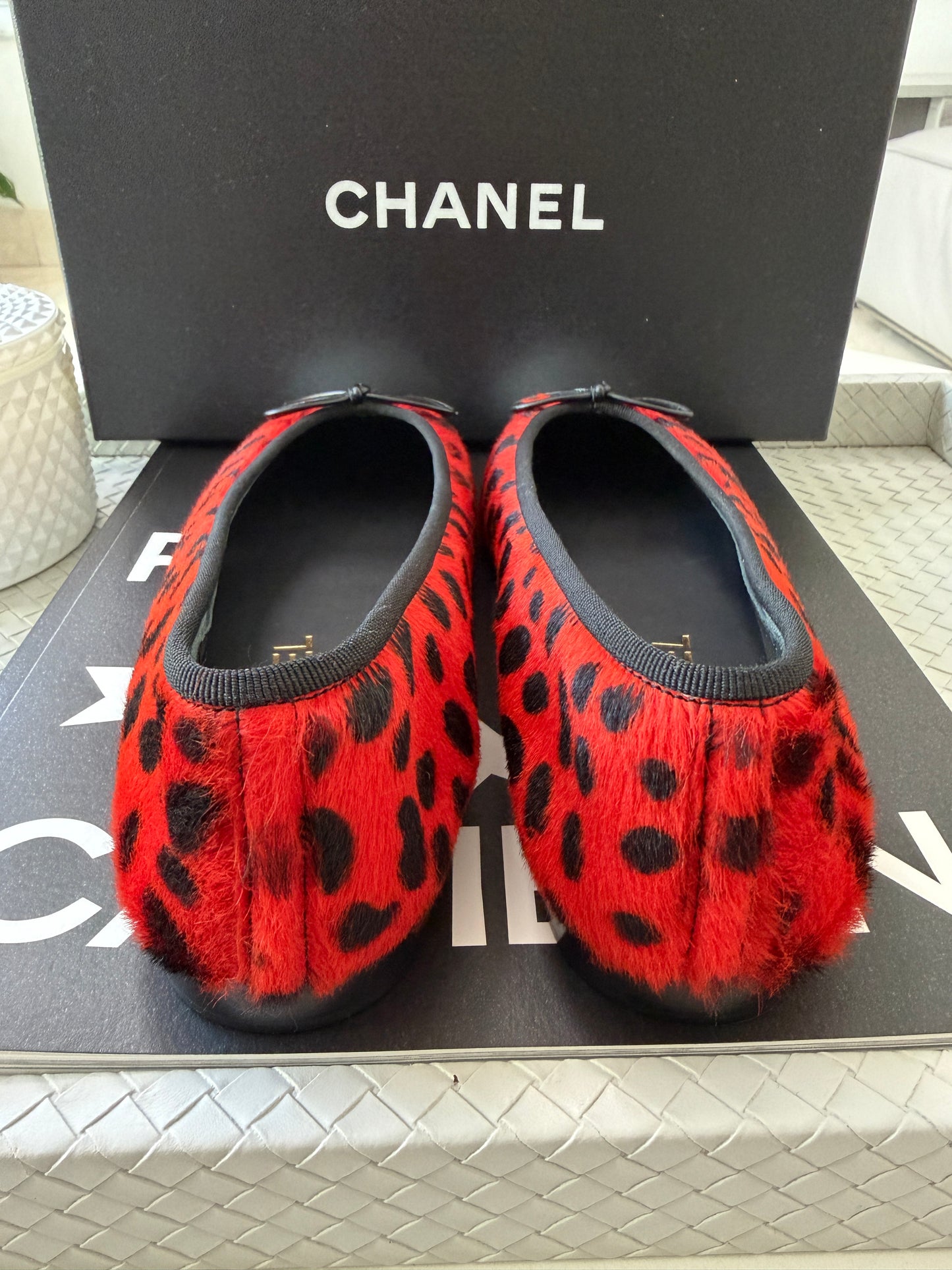 Chanel MÉTIERS D’ART 26 Red Orange Black White Pony Hair Animal Print Ballet Flats
