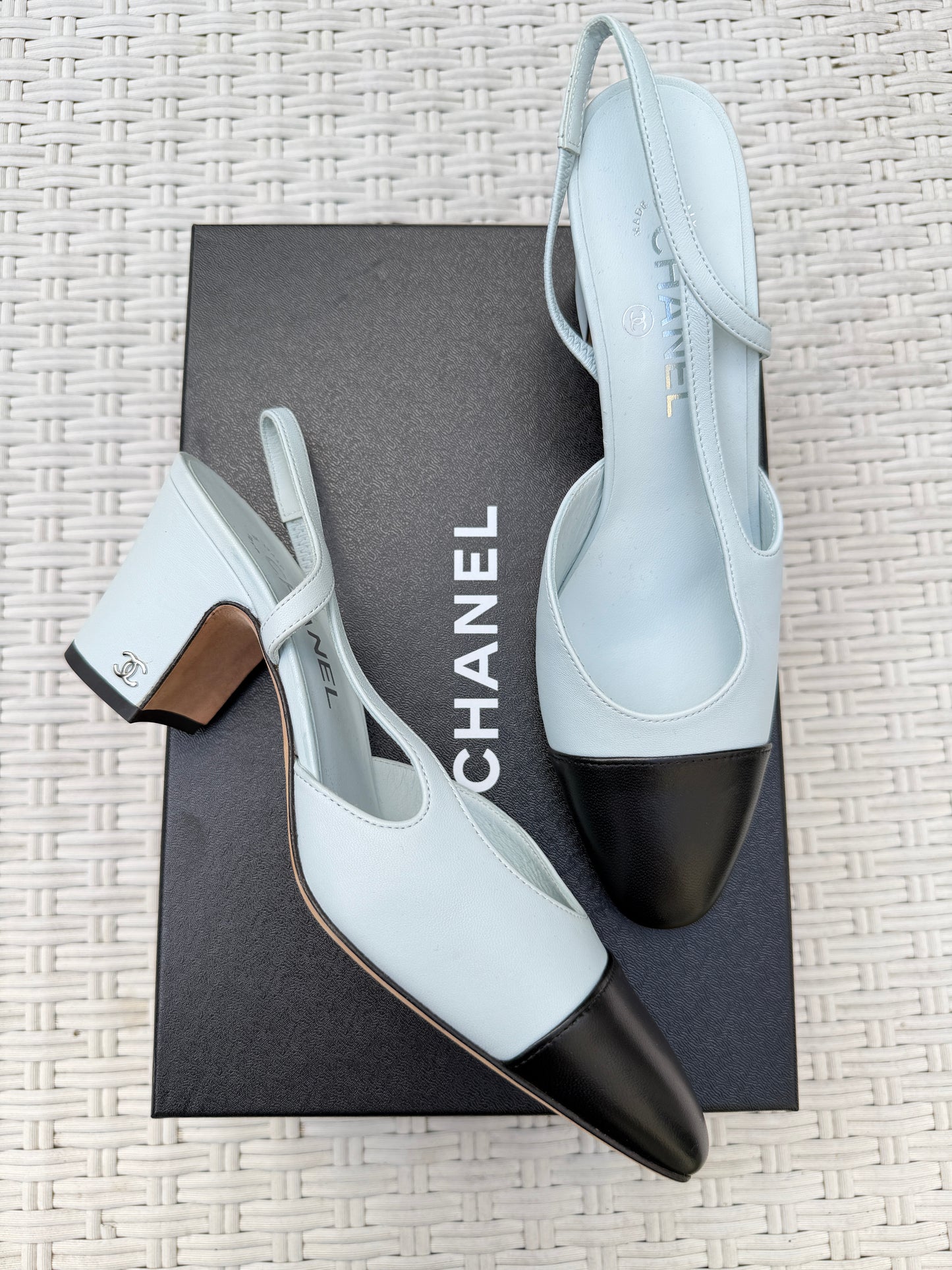 CHANEL CLASSIC LOGO LIGHT BLUE LEATHER SLINGBACK LOW HEEL SLINGBACKS CAP TOE